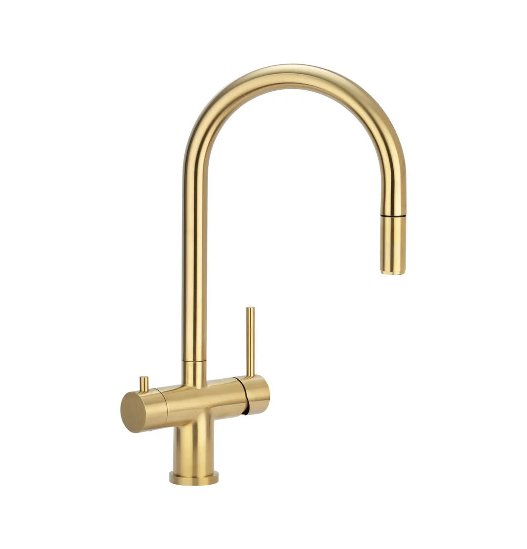 3-way pull-out hose mixer tap in brushed gold