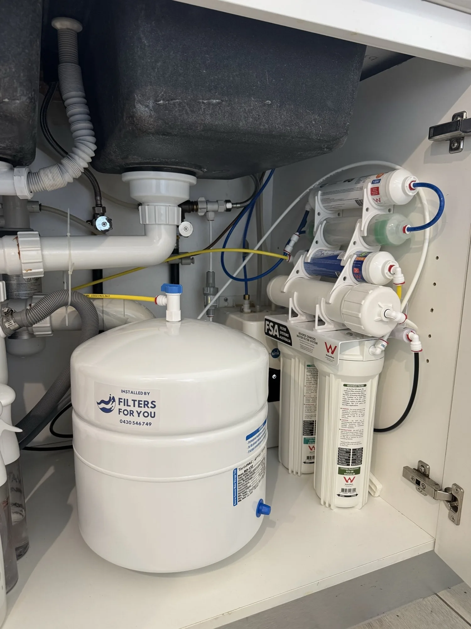 Pure Premium 7 stage reverse osmosis water filtration system installed under sink Sydney, Filters For You branded tank