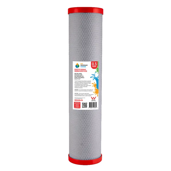 0.5 micron catalytic coconut carbon block chloramine reduction filter cartridge for the HPF-3 whole house system, 20 x 4.5 inch