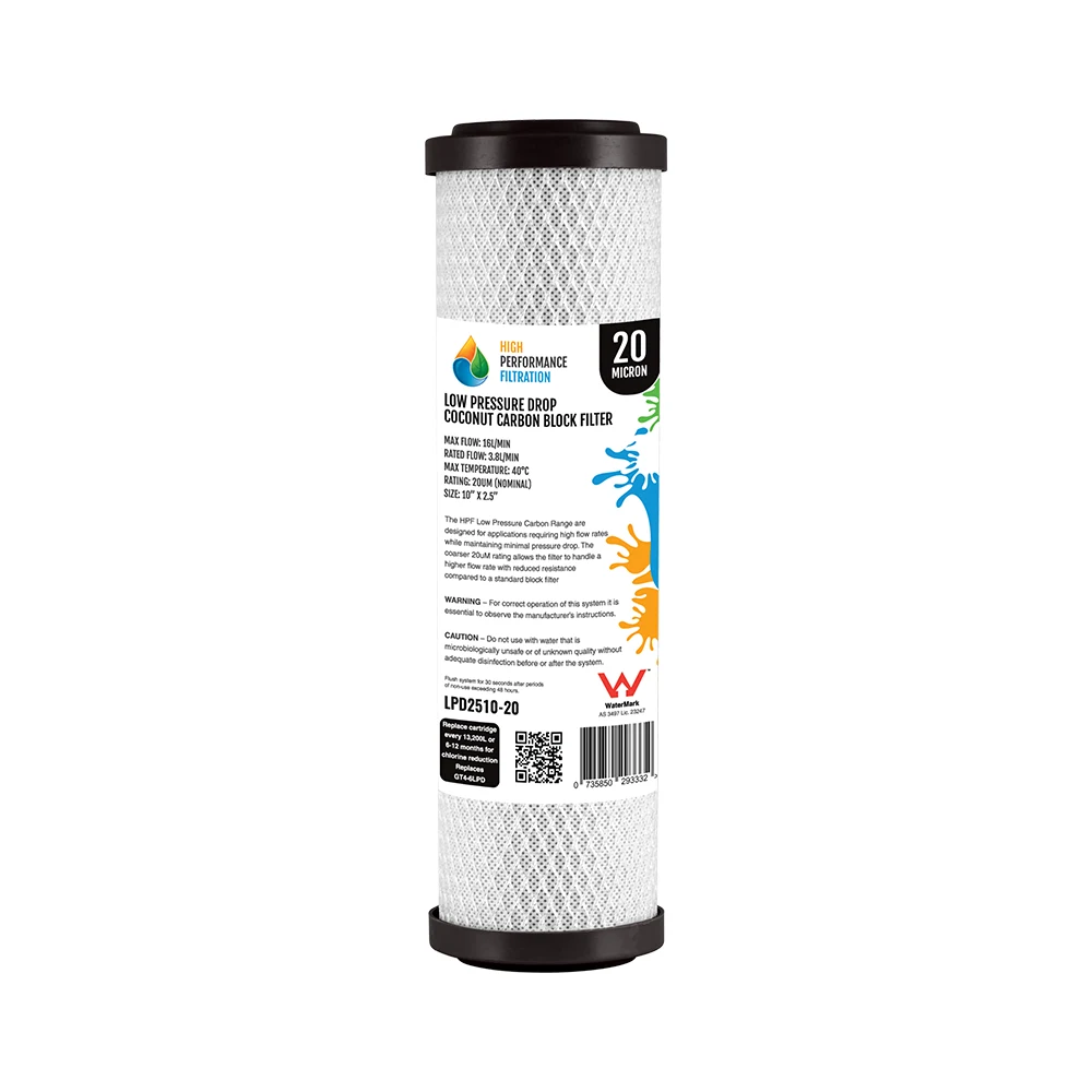 20 micron low pressure drop coconut carbon block filter cartridge for the Pure Essential undersink system, 10 x 2.5 inch