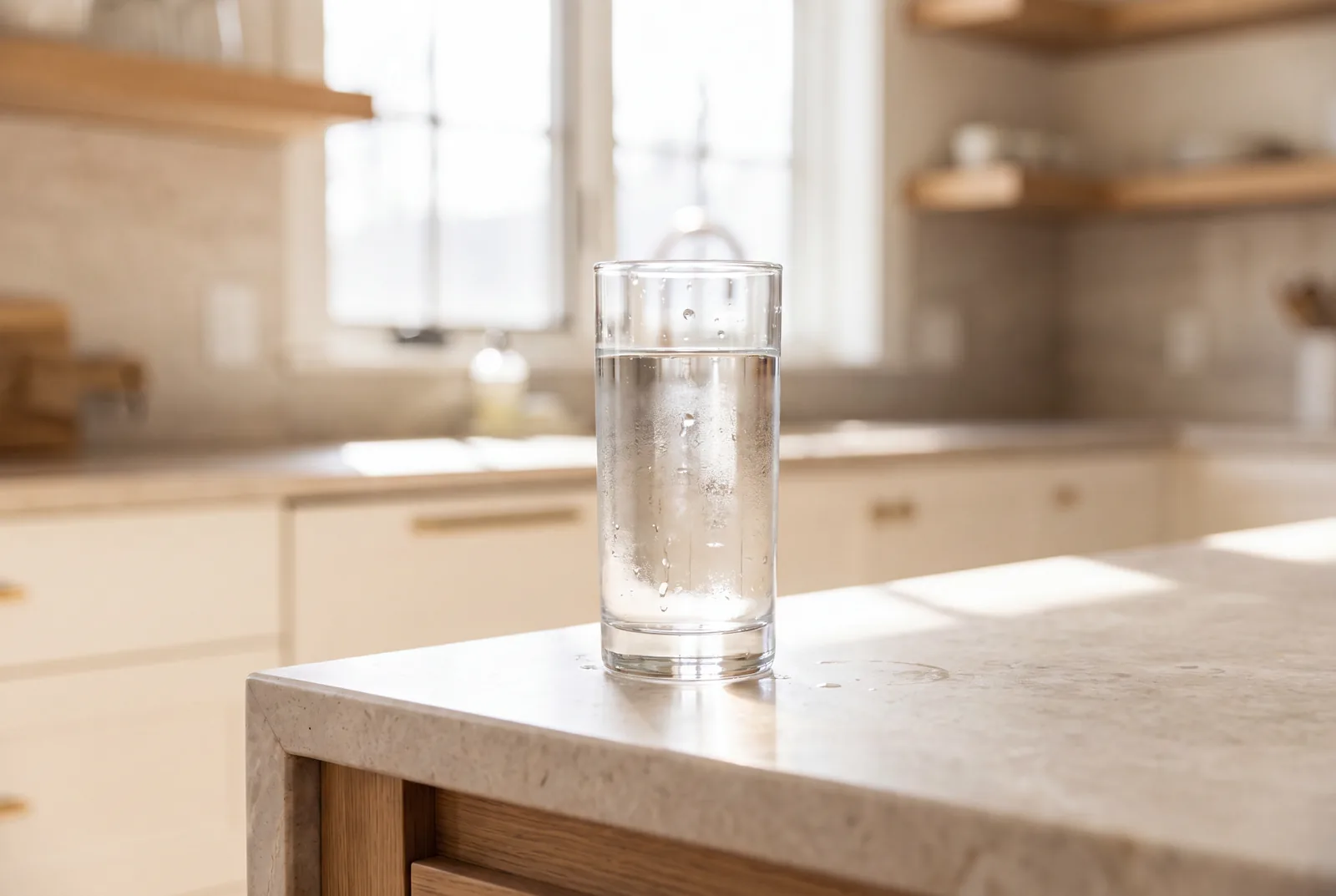 A cold glass of filtered water on a kitchen bench