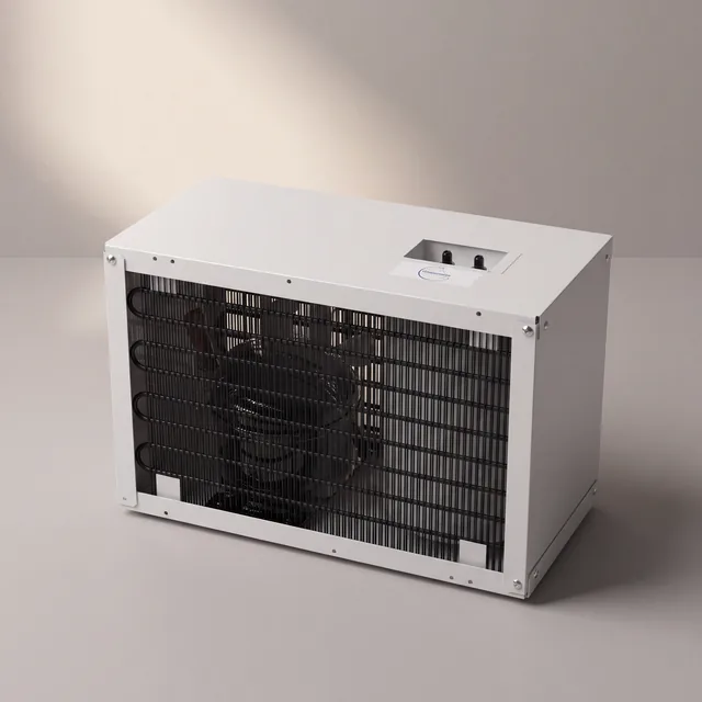 The undersink water chiller, a compact white unit with a stainless steel tank inside