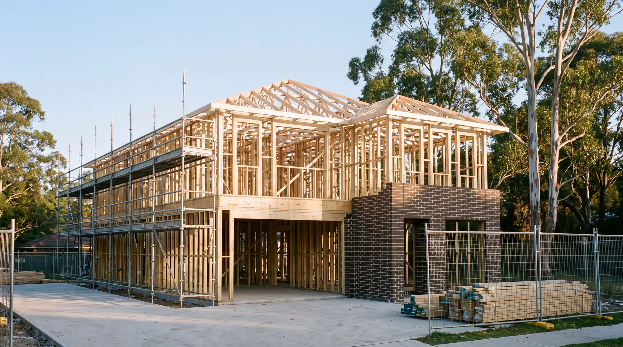 A new Sydney home at frame stage, illustration