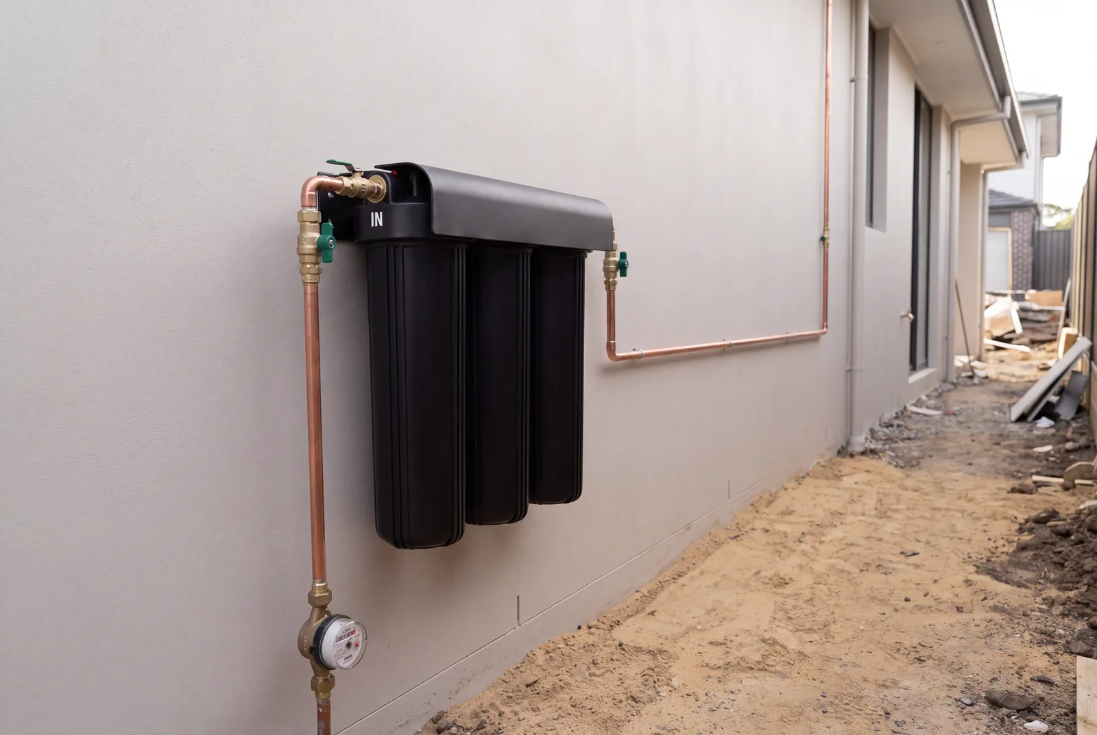 Pure Home whole house filtration on the side wall of a new home before landscaping, illustration