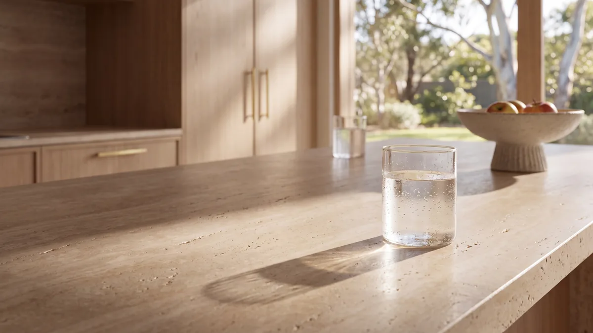 A glass of filtered water on a sunlit stone kitchen bench