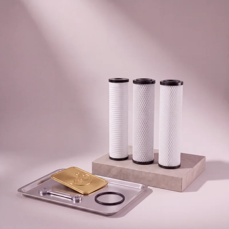 Three new whole house filter cartridges on a stone block, a gold Filtered for Life card and a service tray, studio illustration