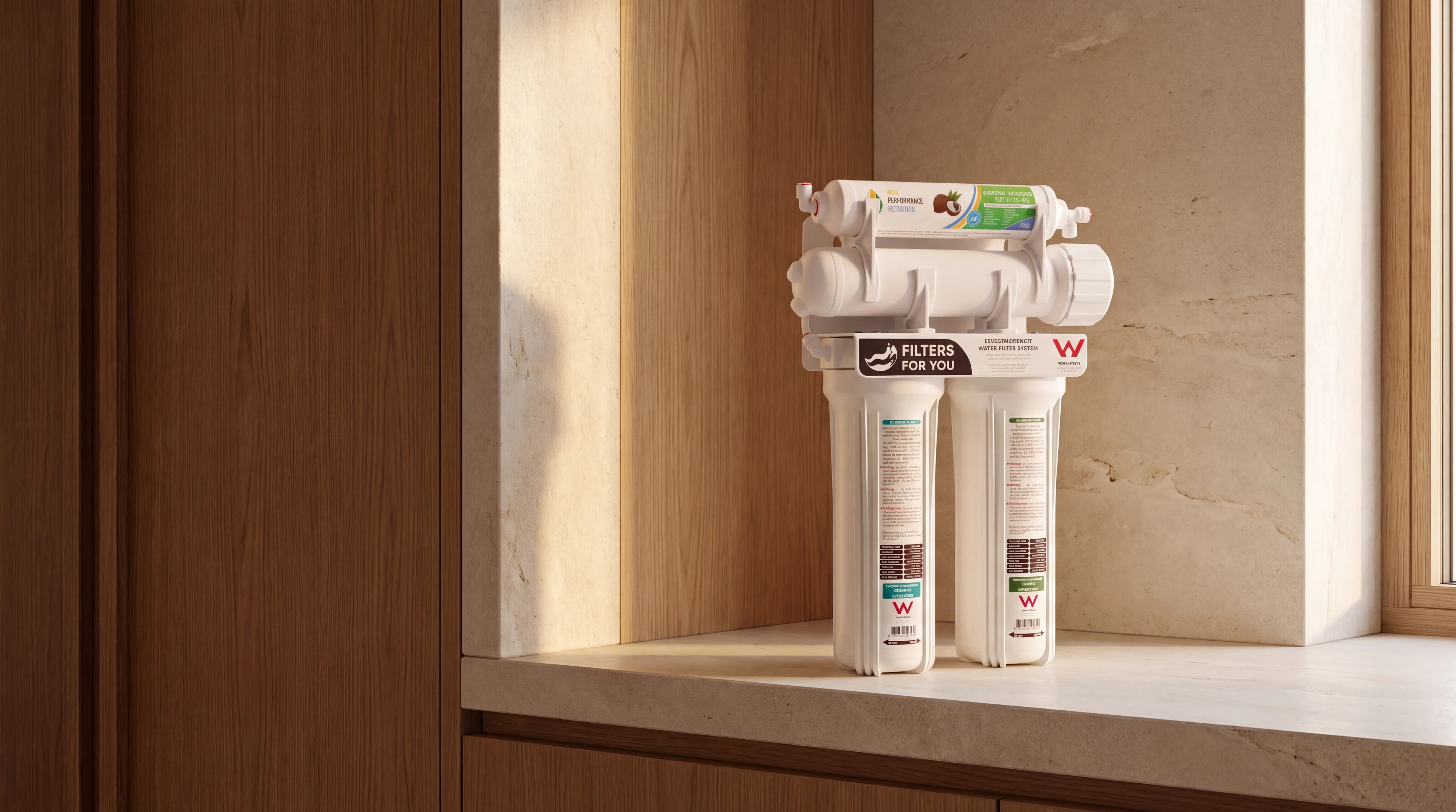 Pure Essential presented in a warm oak and limestone kitchen