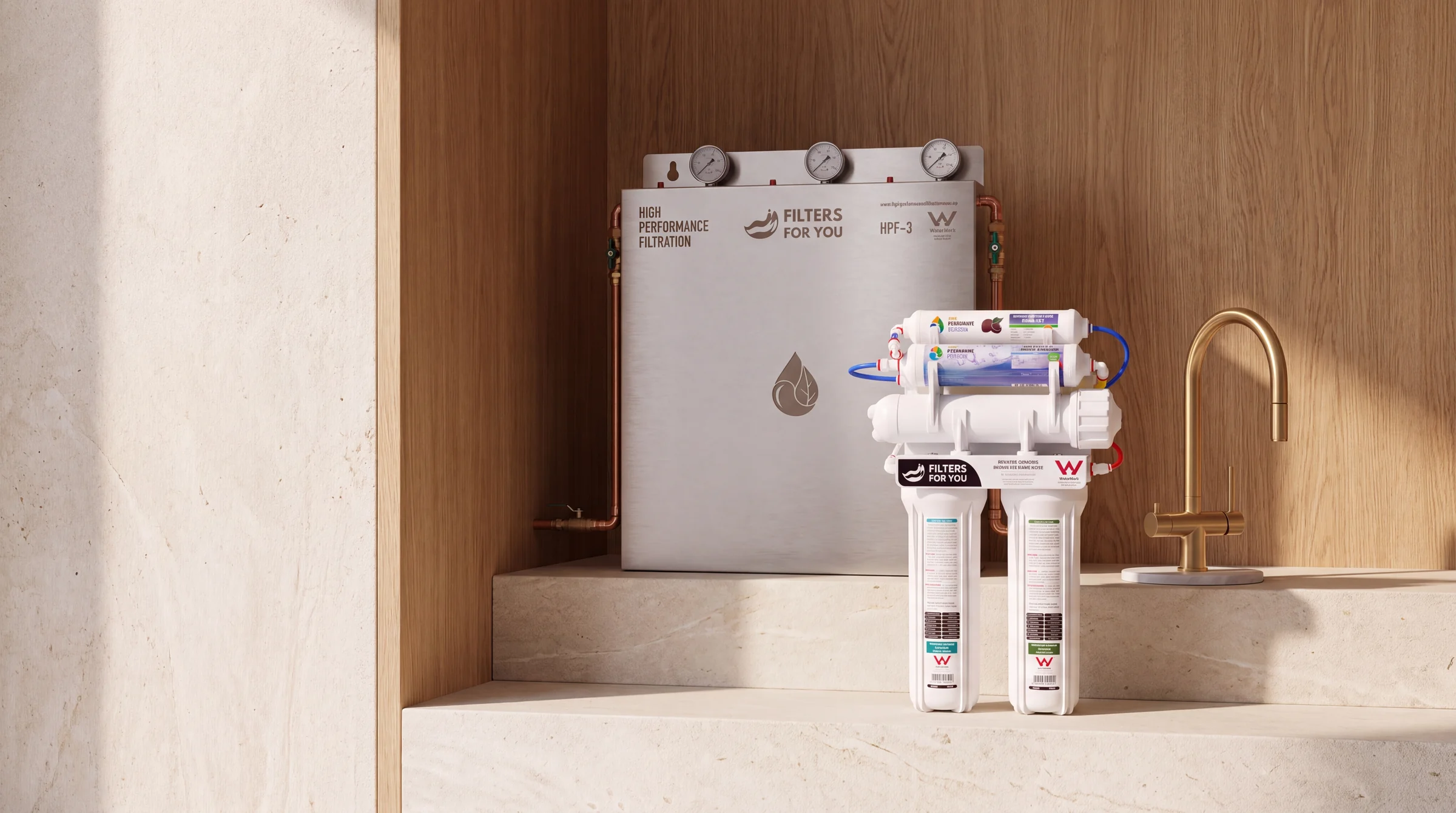 Pure Home, Pure Premium and a brushed gold three way mixer together