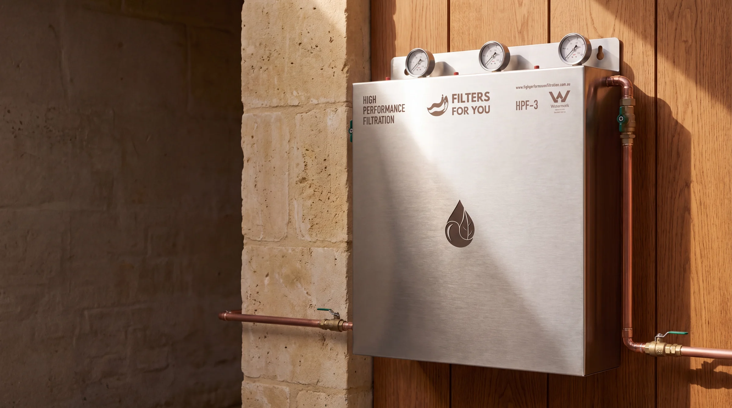 Labelled filtration system detail, illustrative product photograph