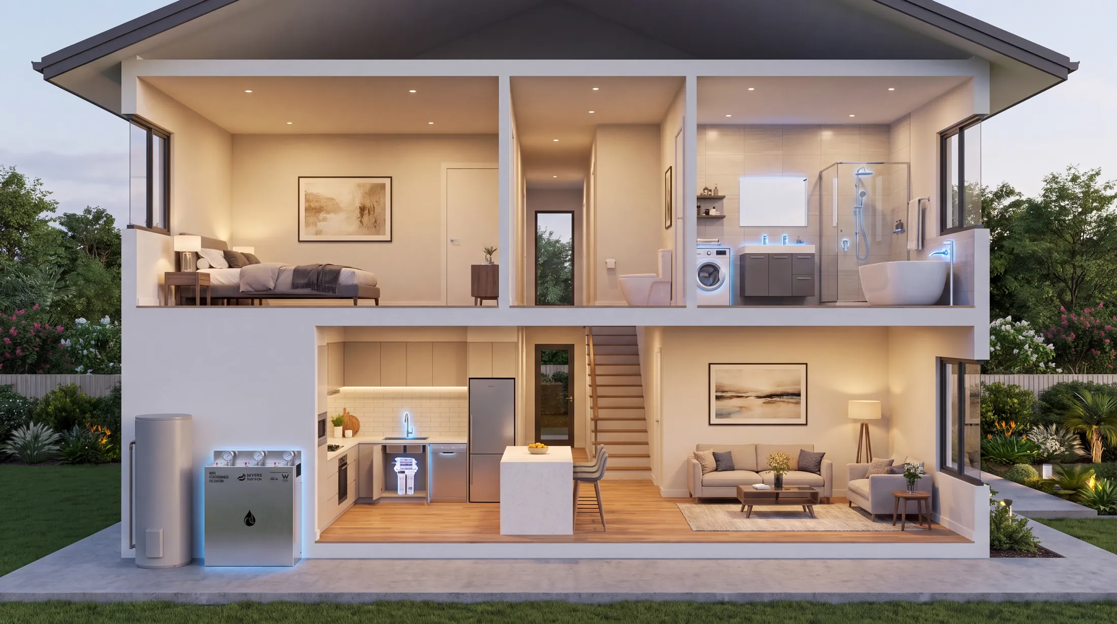 A cutaway view of a two storey Sydney home with a front yard, showing every filtered water point glowing: the whole house system at the mains, the reverse osmosis system and drinking tap in the kitchen, the washing machine, basin, shower and bathtub upstairs