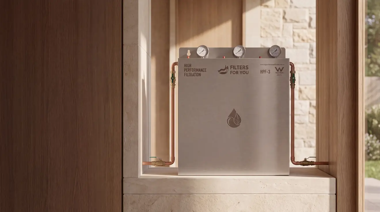 Pure Home whole house filtration, a brushed stainless cabinet with three pressure gauges, set in a timber and stone alcove