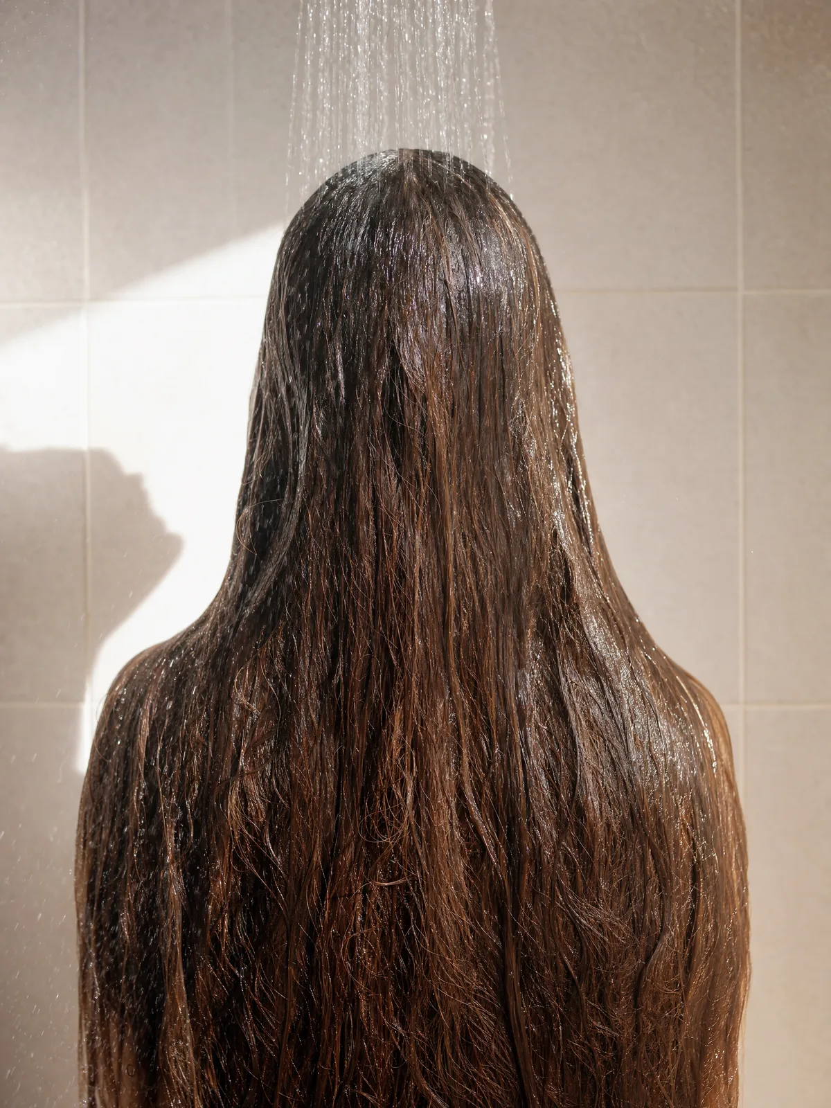 Water from a shower running over long hair