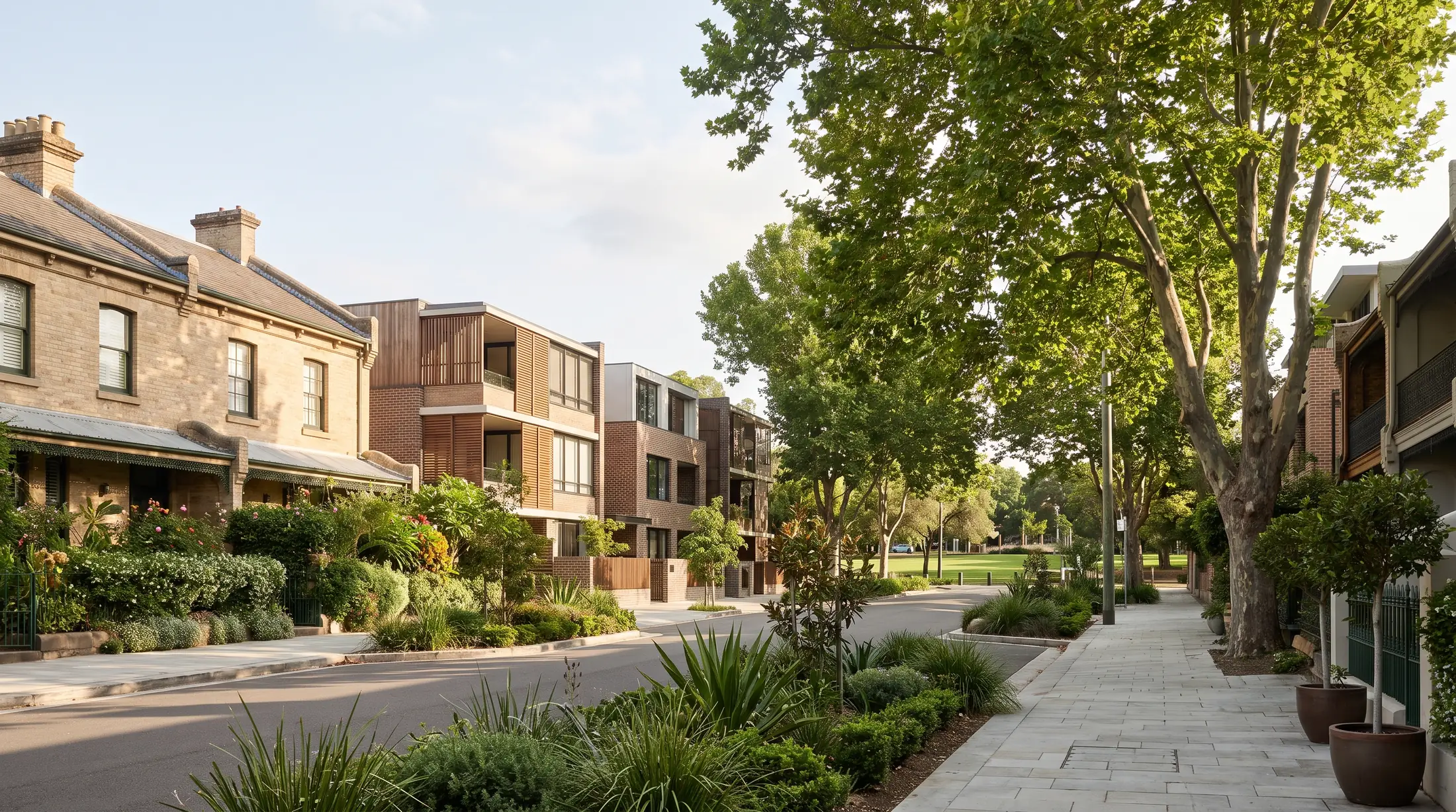 Contemporary apartments and terrace houses beside leafy Alexandria streets, illustrative residential scene