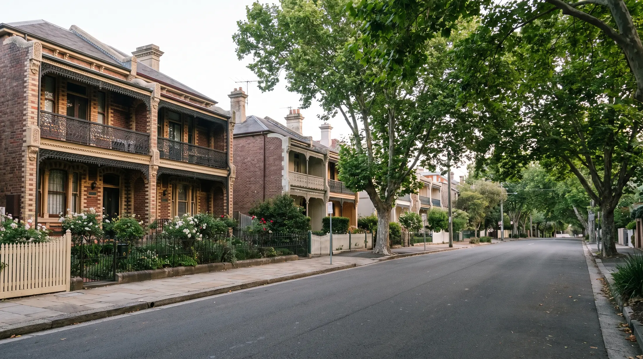 Victorian villas and established street trees in an Annandale setting, illustrative residential scene