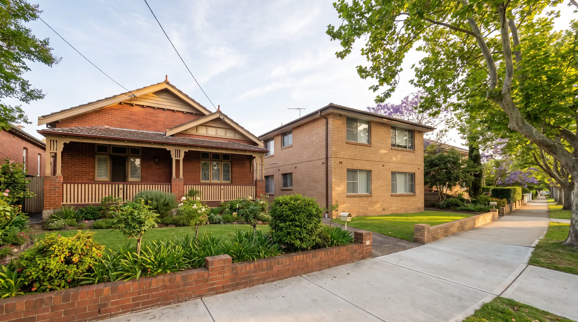 A Federation brick house and low rise apartments along a leafy Ashfield street, illustrative residential scene