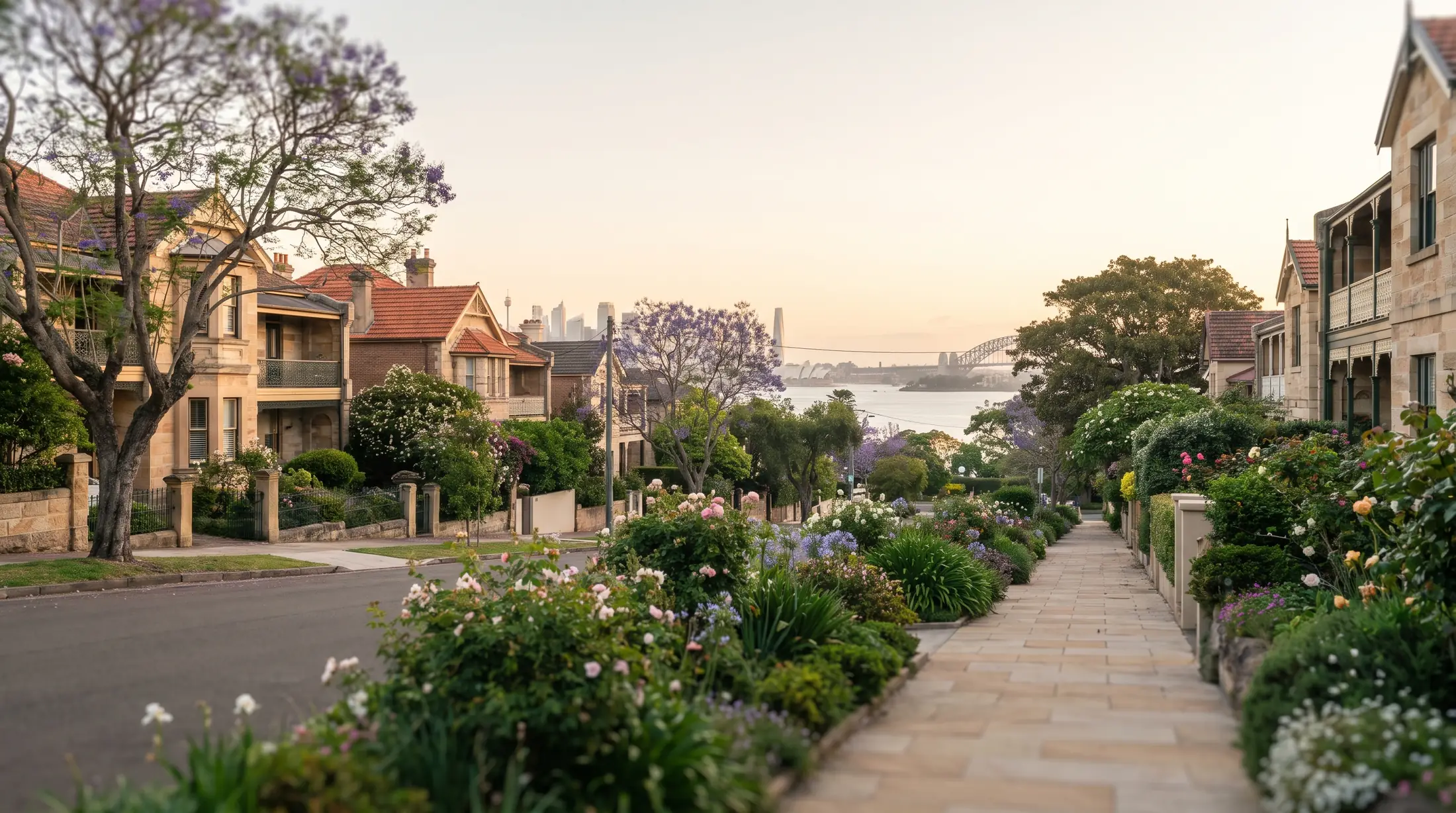 Established homes and gardens near the Balmain East harbourfront, illustrative residential scene