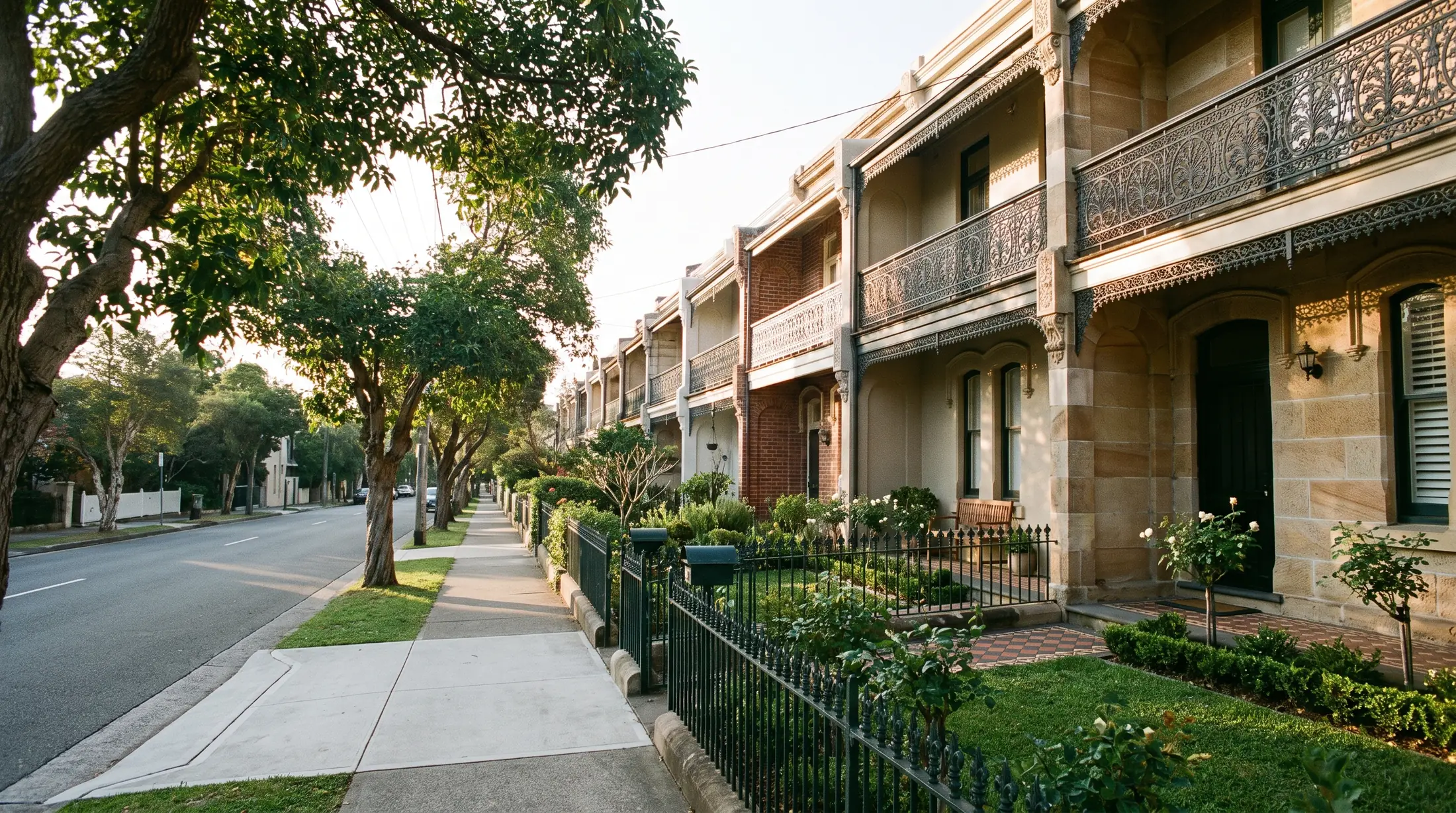Restored Victorian terrace houses with iron lace balconies on a leafy Balmain street, illustrative residential scene