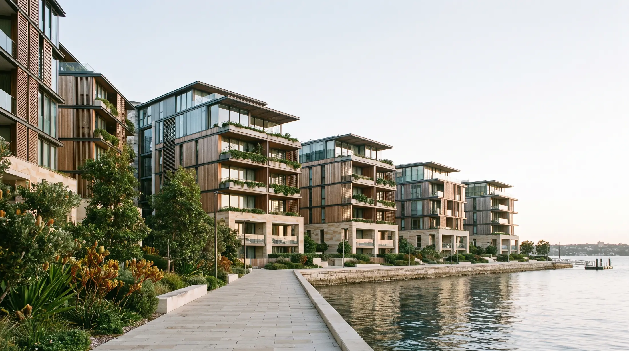 Contemporary waterfront apartments beside a landscaped Barangaroo harbour promenade, illustrative residential scene