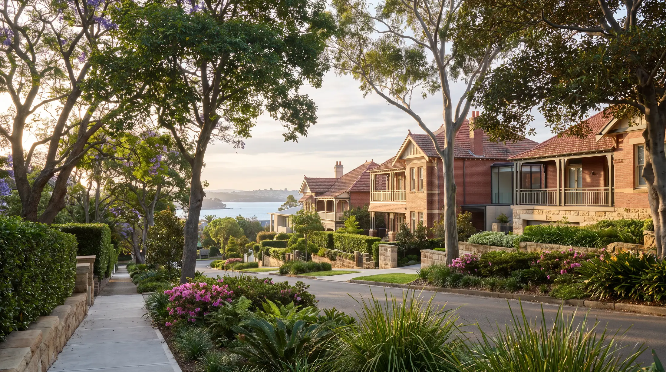 Established Bellevue Hill houses and gardens along a leafy hillside street, illustrative residential scene