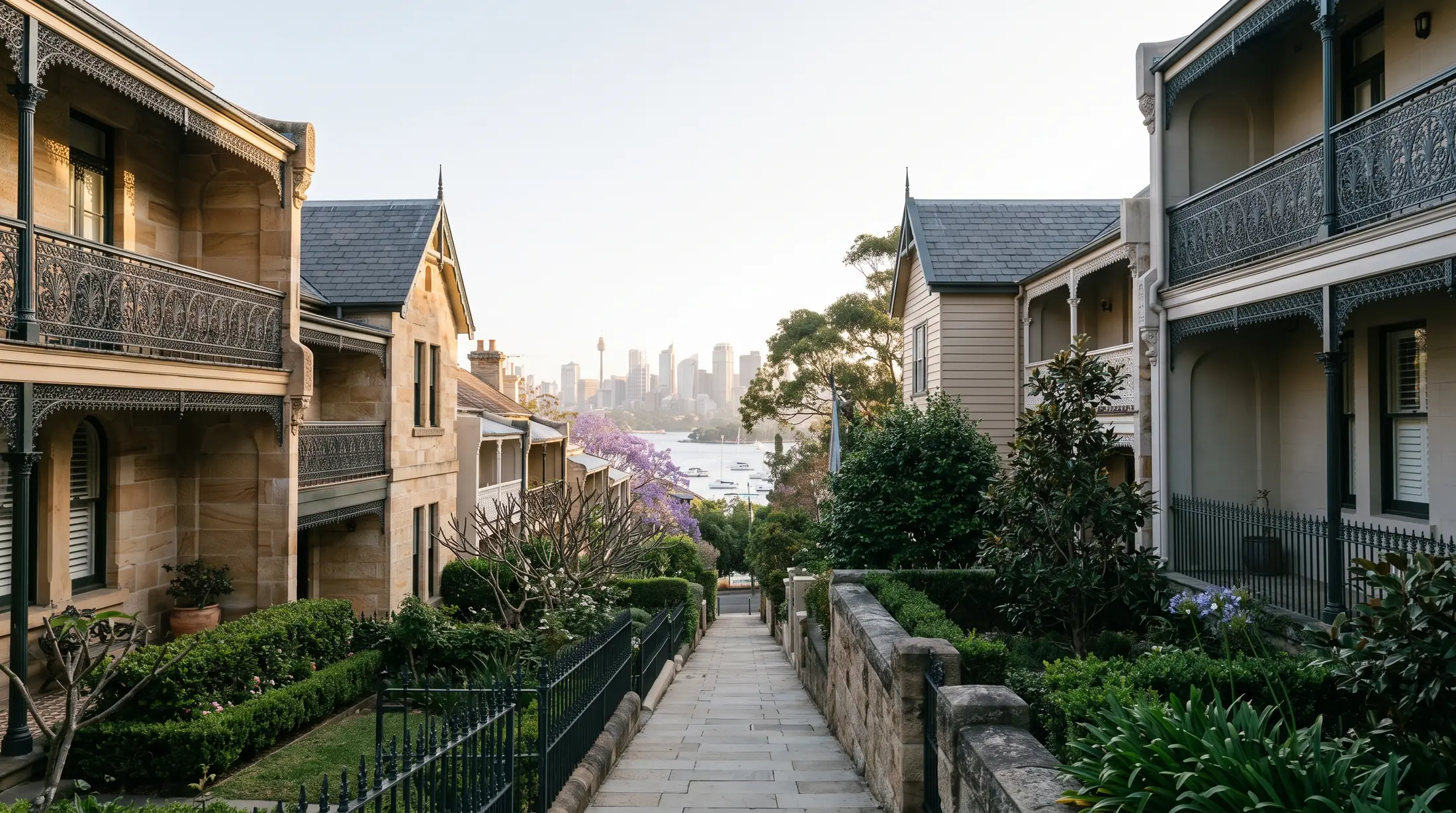 Restored period homes beside a narrow leafy Birchgrove street with harbour glimpses, illustrative residential scene