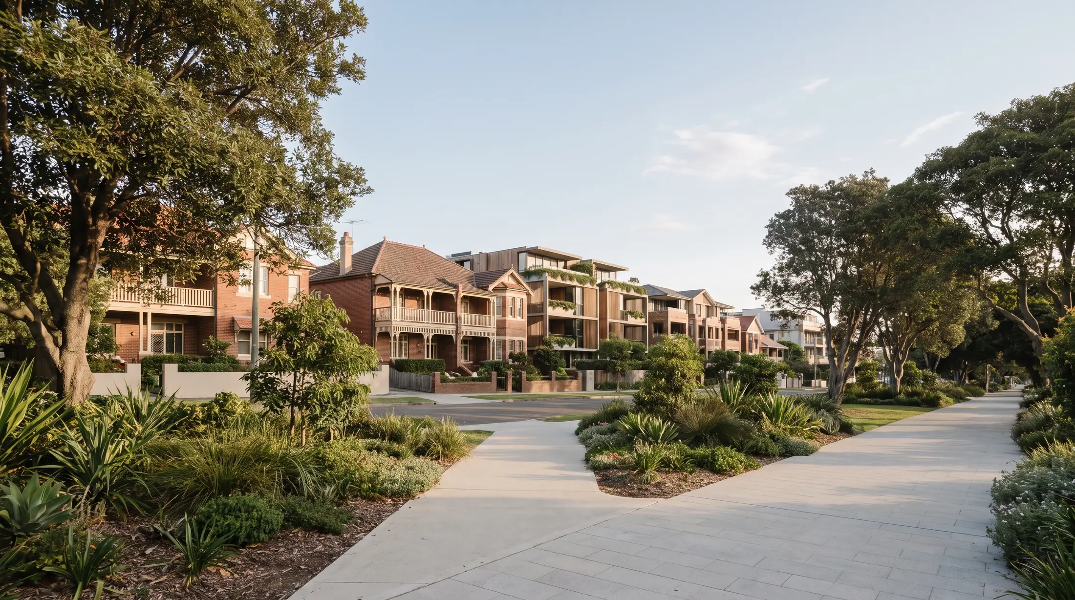 Bondi apartment buildings and established homes beside a leafy residential street, illustrative residential scene
