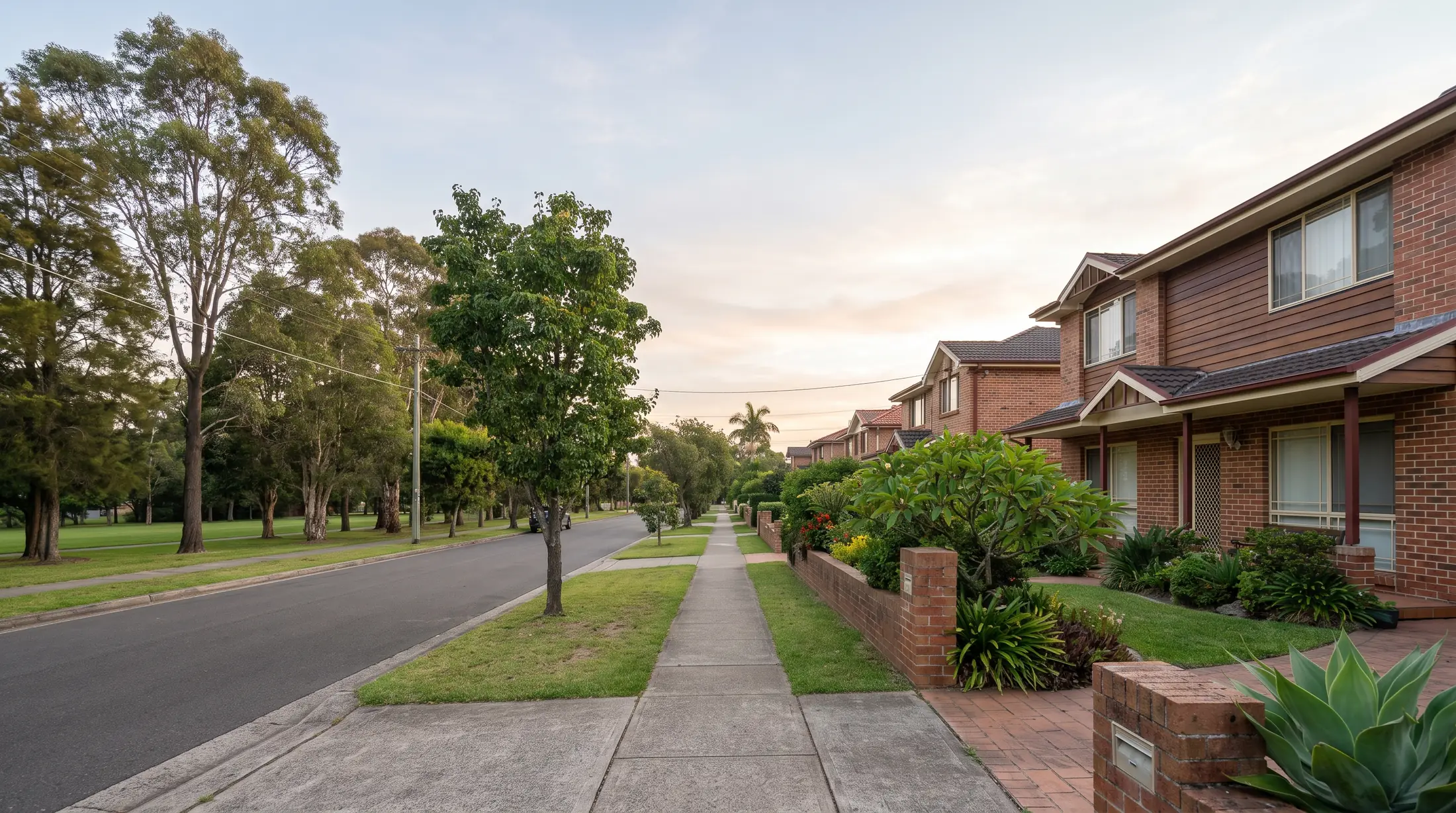 Botany homes and gardens beside a leafy residential street, illustrative residential scene
