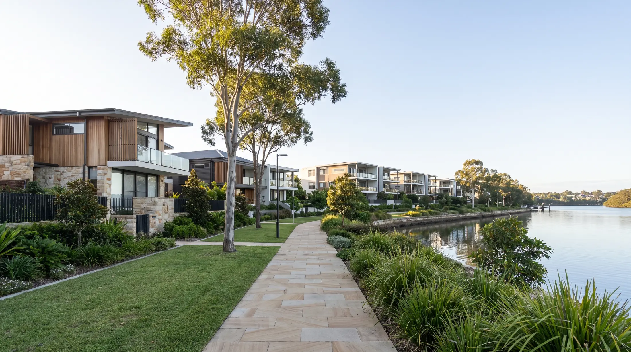 Modern homes and apartment buildings with landscaped gardens in Breakfast Point, illustrative residential scene