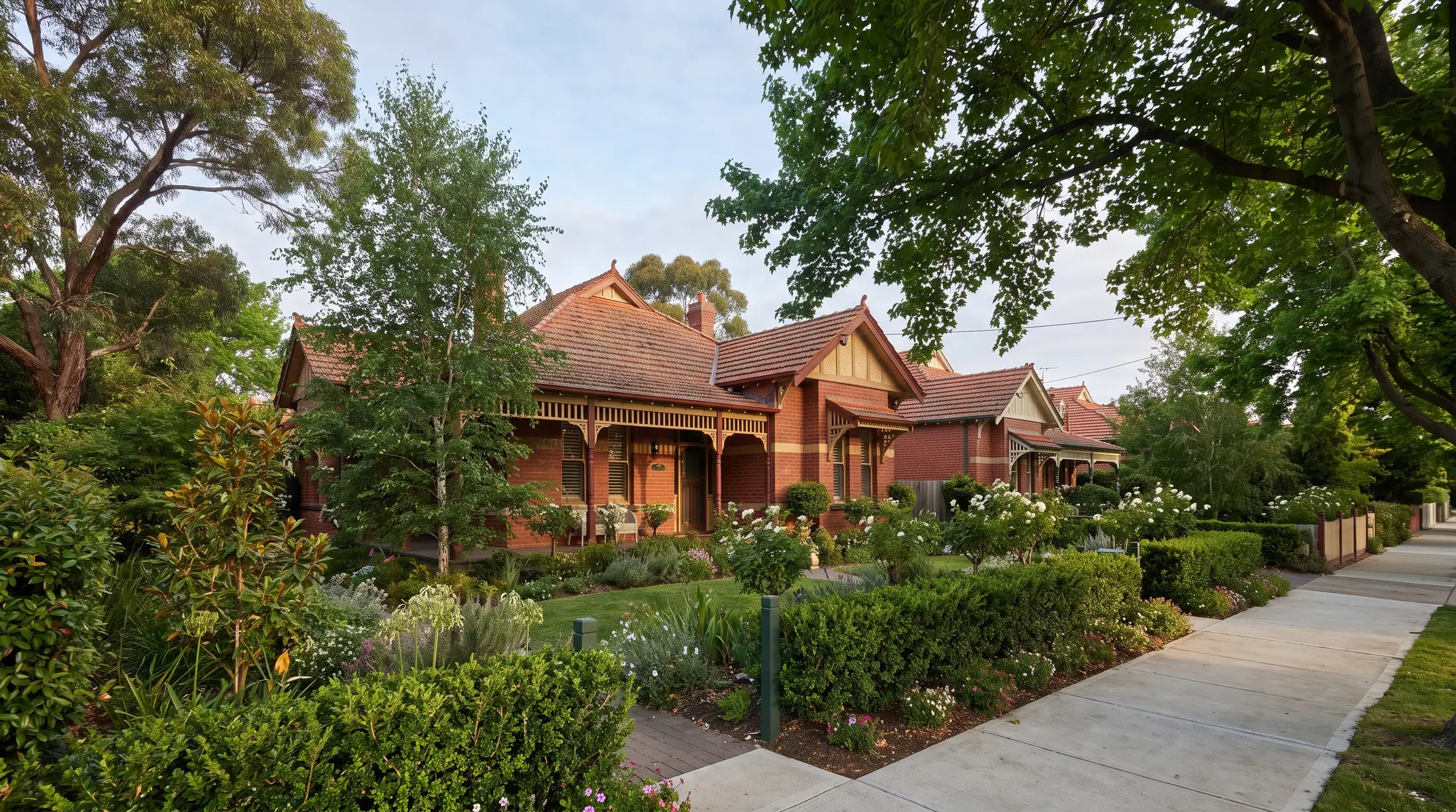 Federation houses with tiled roofs and established gardens in Burwood, illustrative residential scene