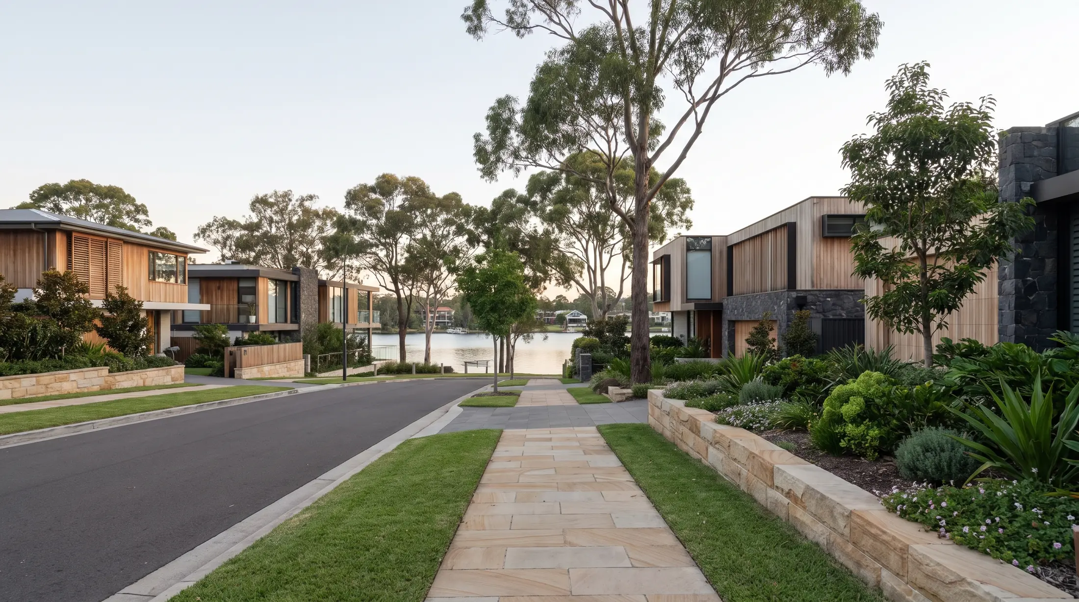 Contemporary Cabarita homes with landscaped gardens beside the Parramatta River, illustrative residential scene