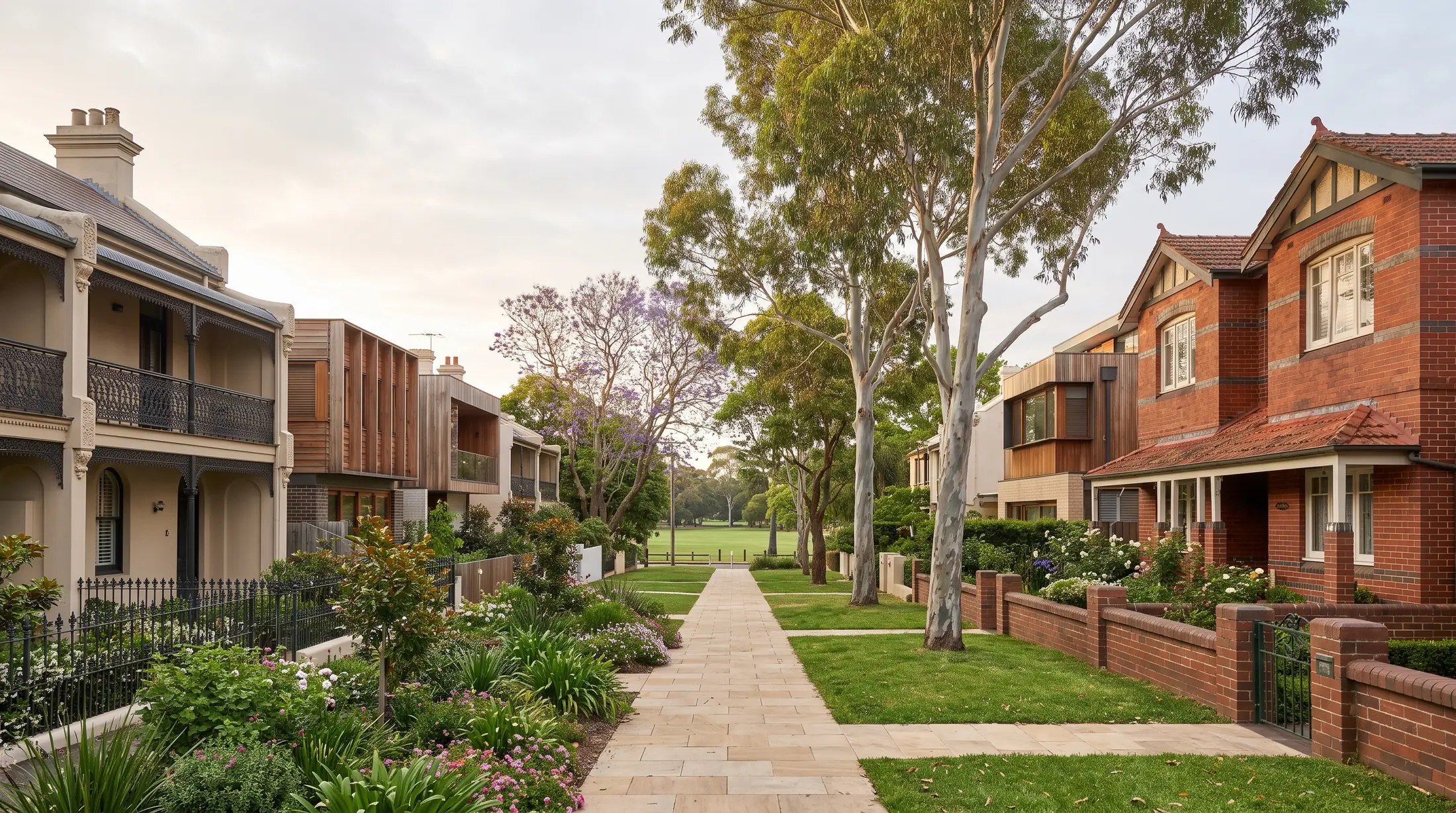 Victorian terraces and contemporary residential infill along a leafy Camperdown street, illustrative residential scene