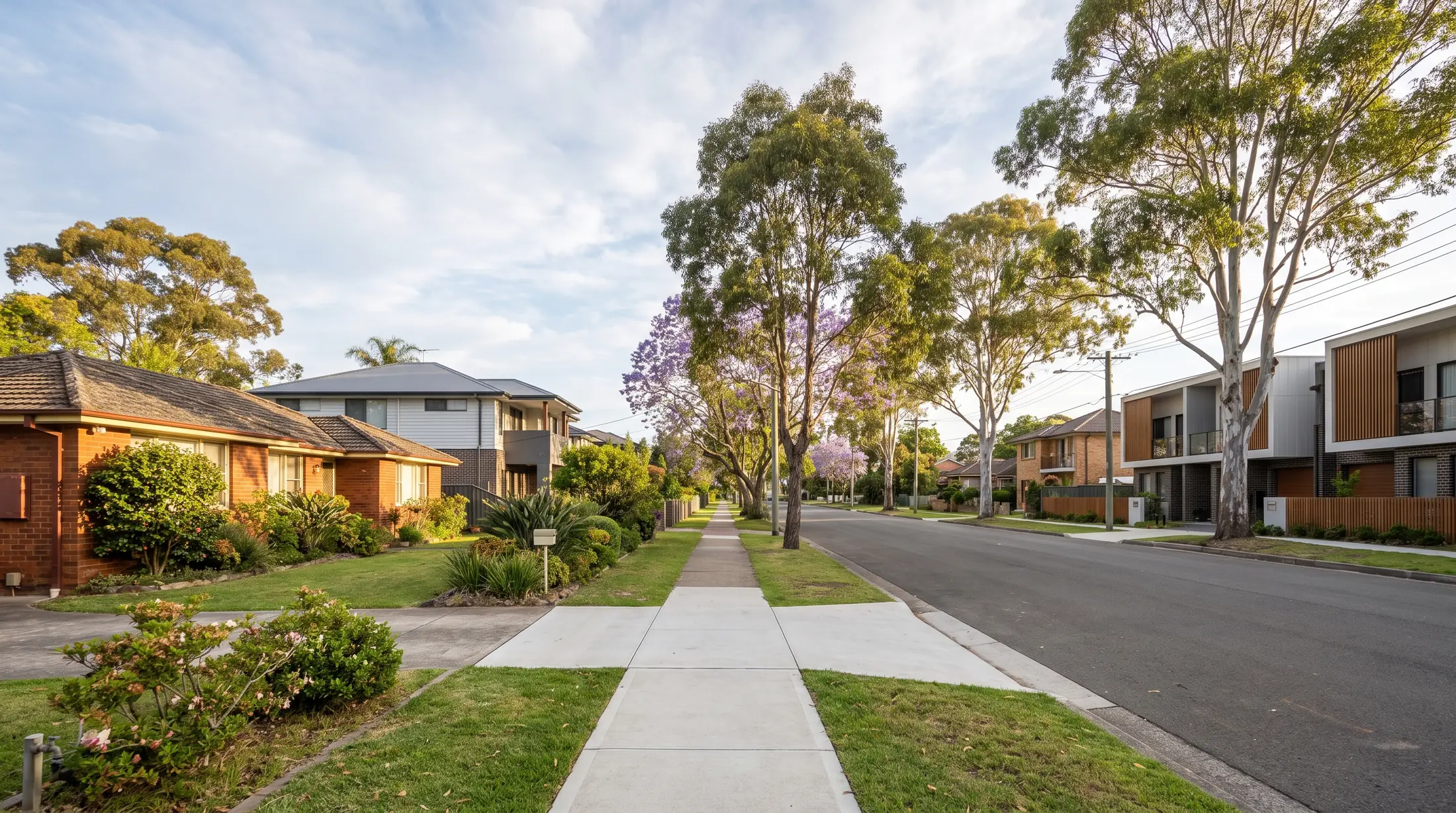 Established houses and newer townhouses along a Chifley residential street, illustrative residential scene