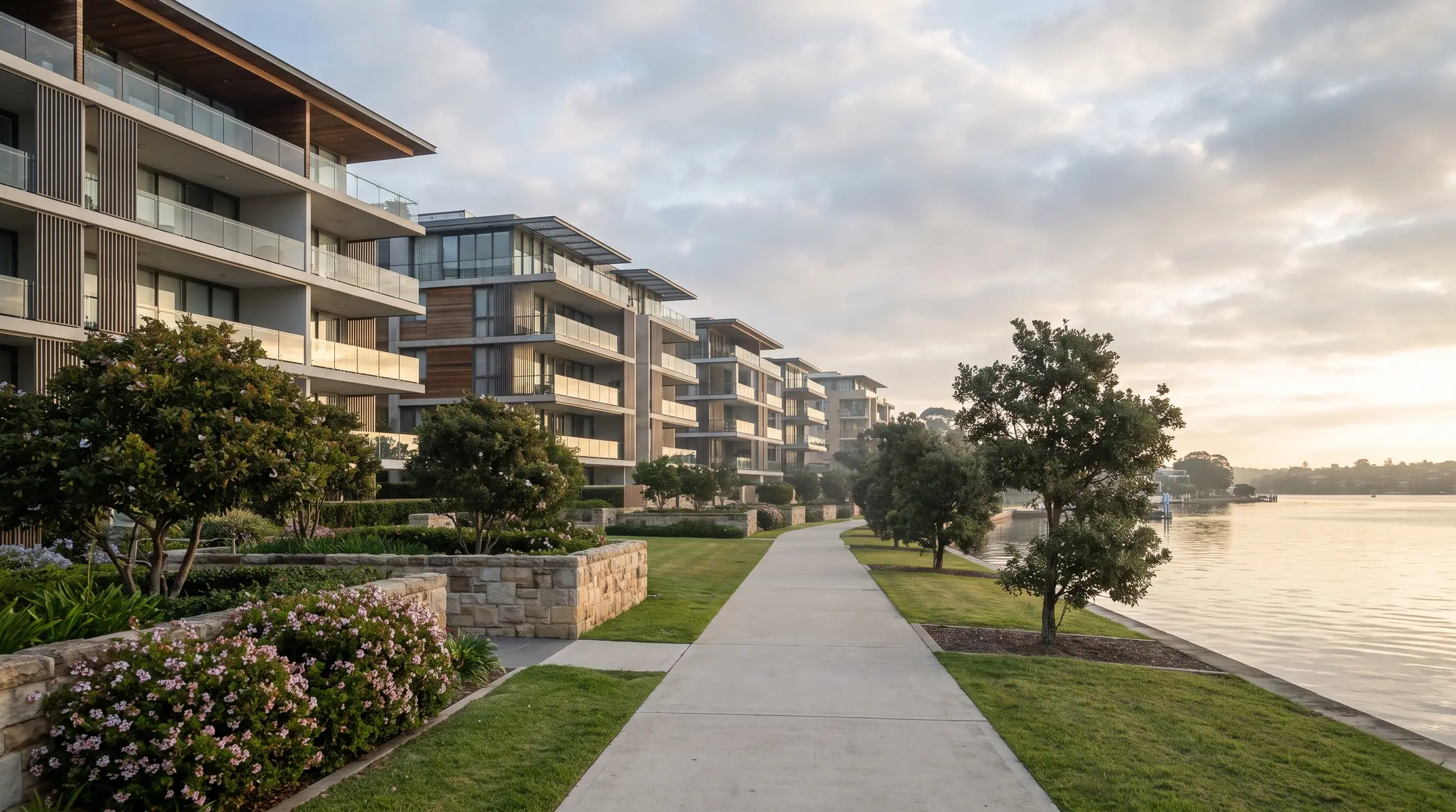 Modern Chiswick apartment buildings with balconies and landscaped grounds near the river, illustrative residential scene