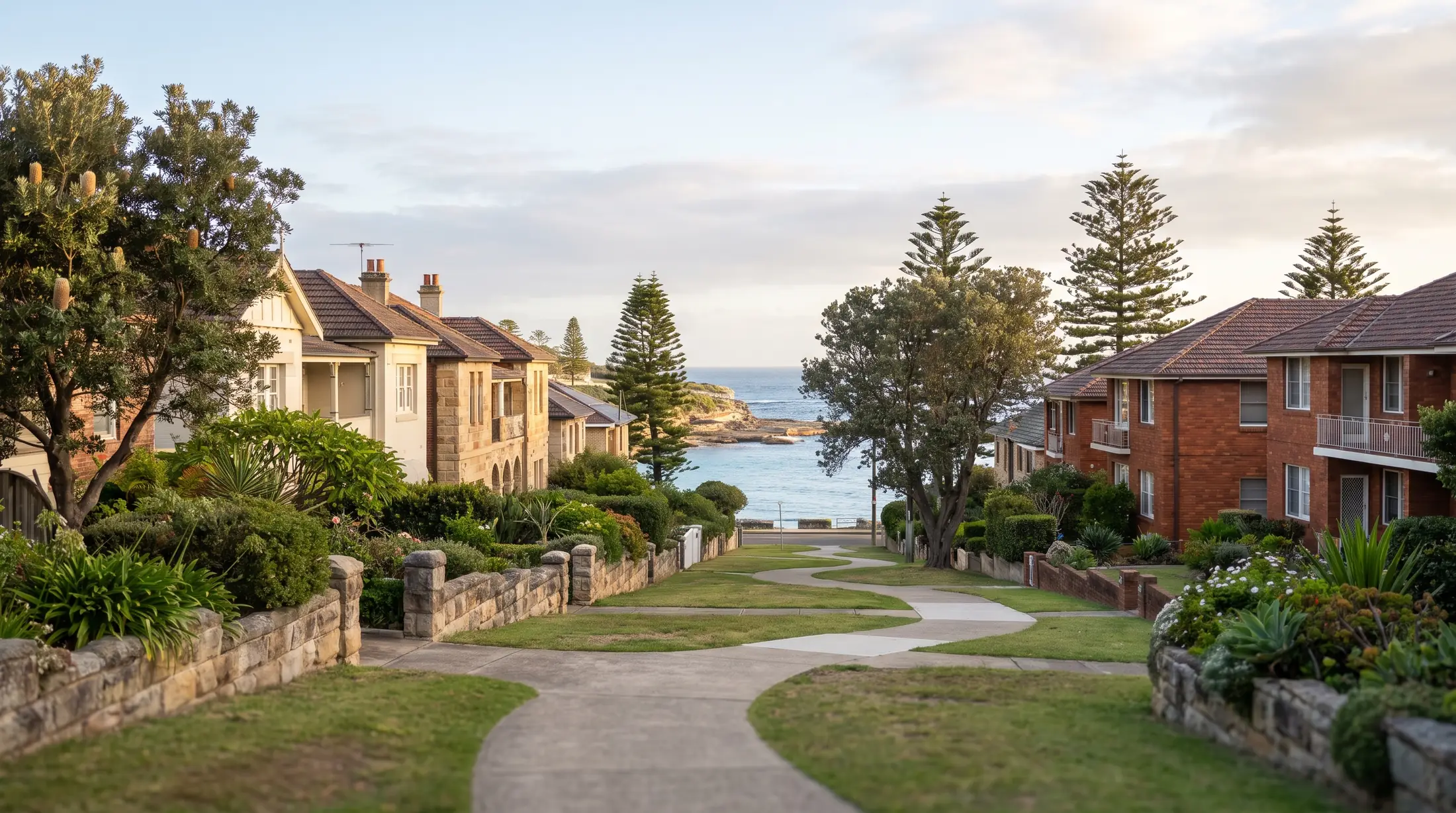 Homes and apartment buildings on a residential street near Clovelly Bay, illustrative residential scene