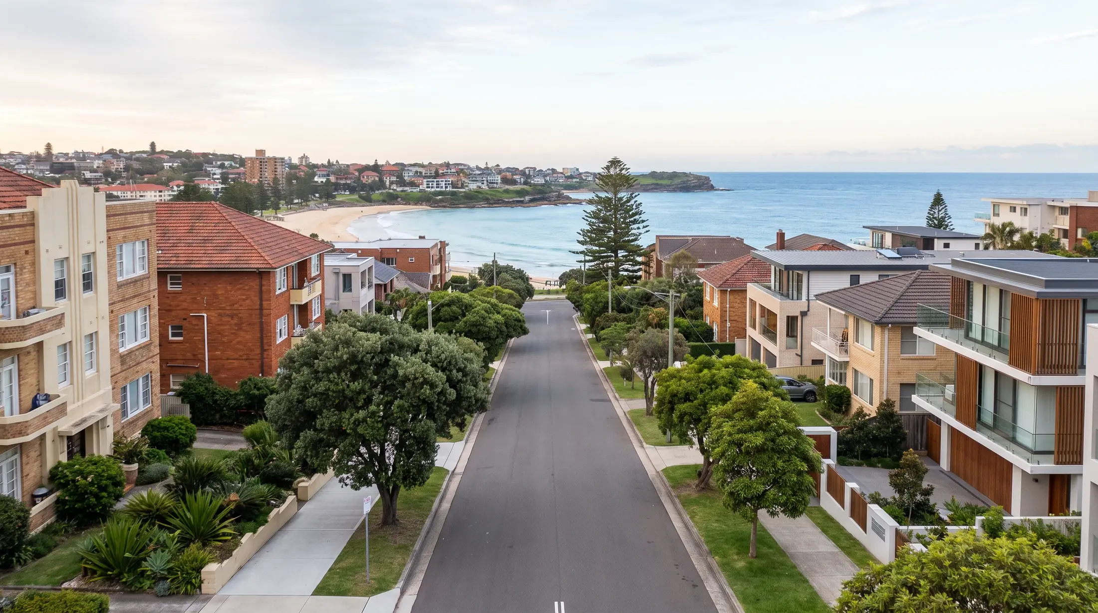 Apartment buildings and houses overlooking the Coogee coastal neighbourhood, illustrative residential scene