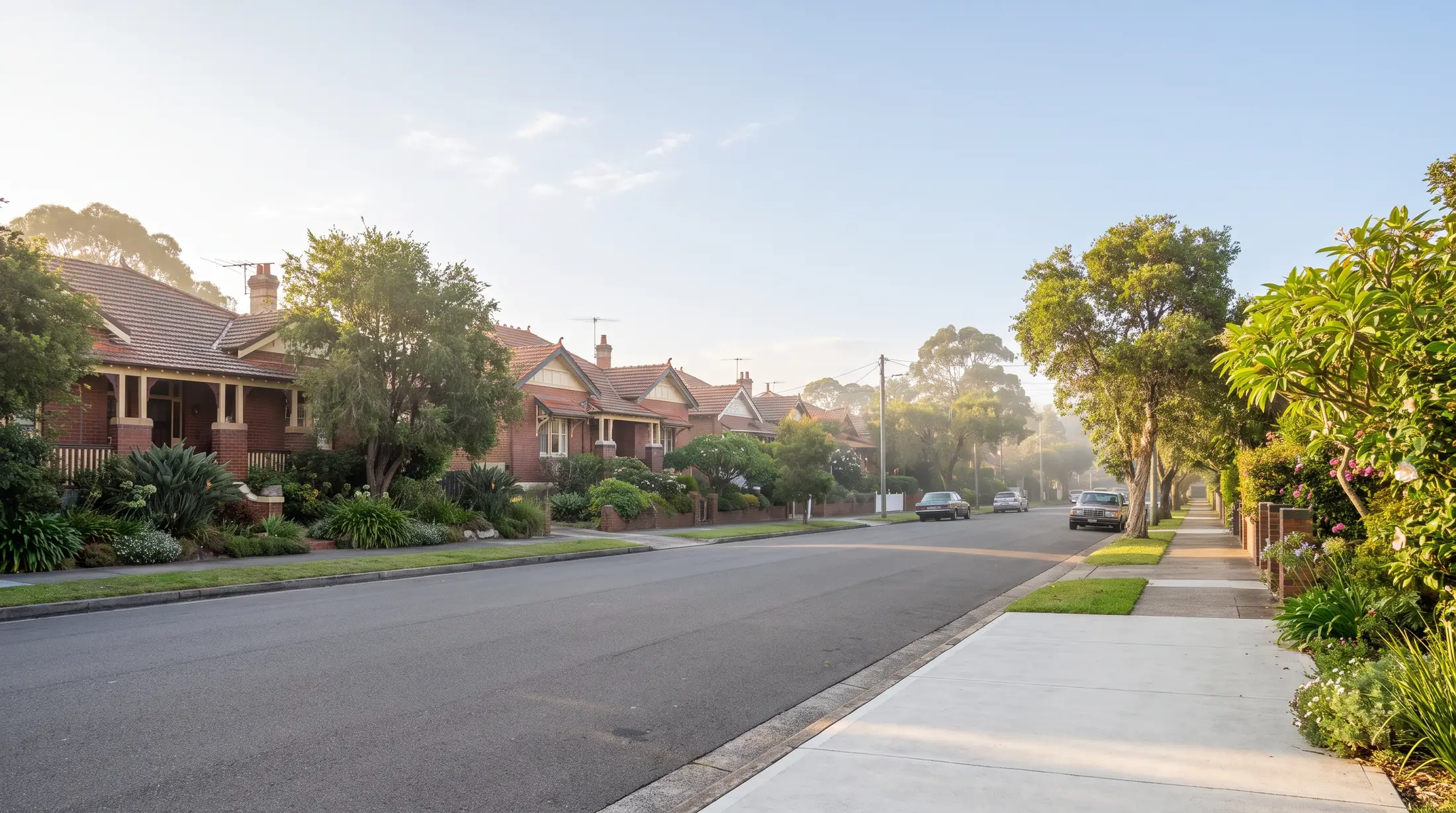 Federation bungalows and front gardens on a wide Croydon street, illustrative residential scene