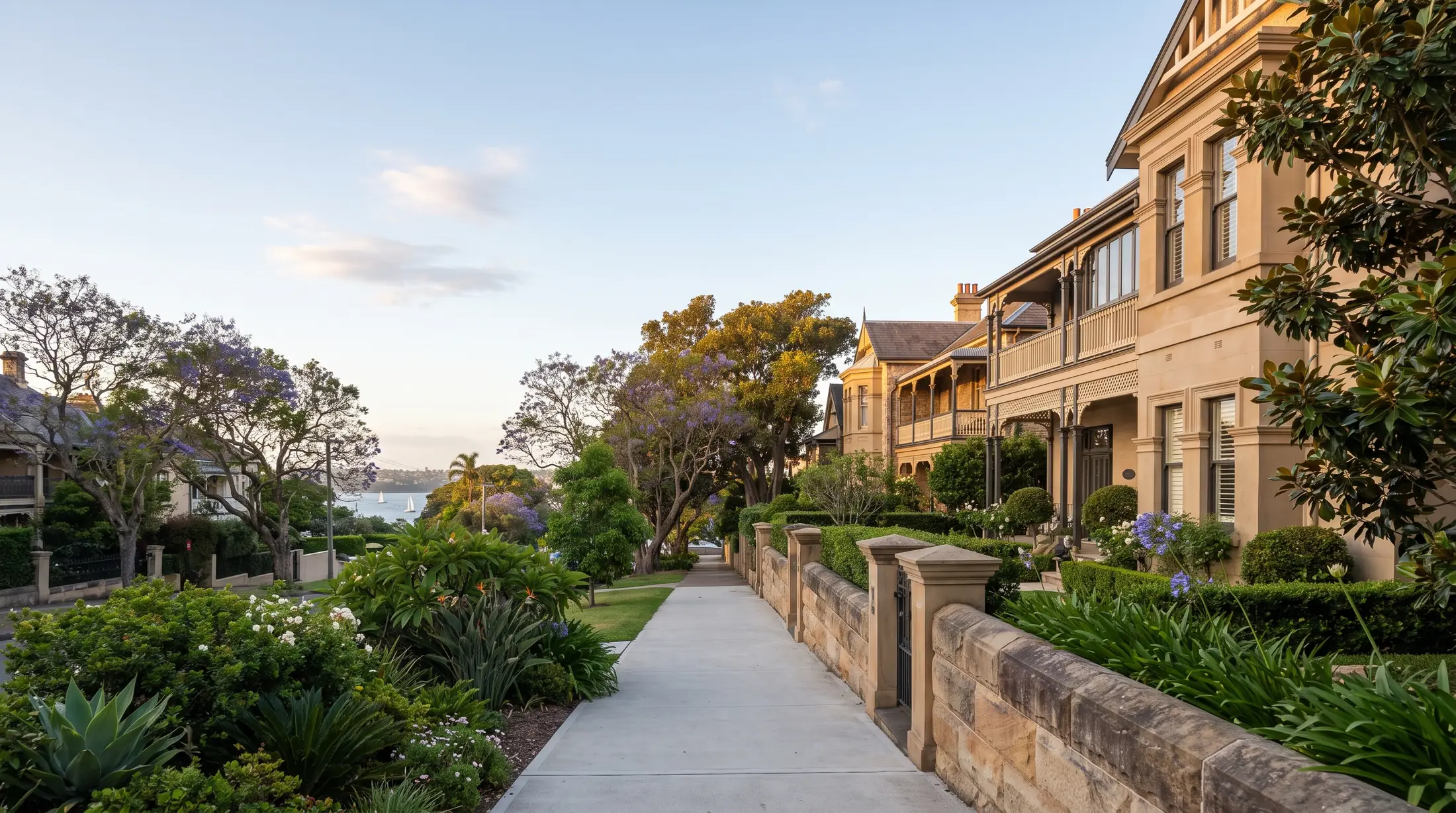 Established homes and leafy gardens on Darling Point’s harbourside headland, illustrative residential scene