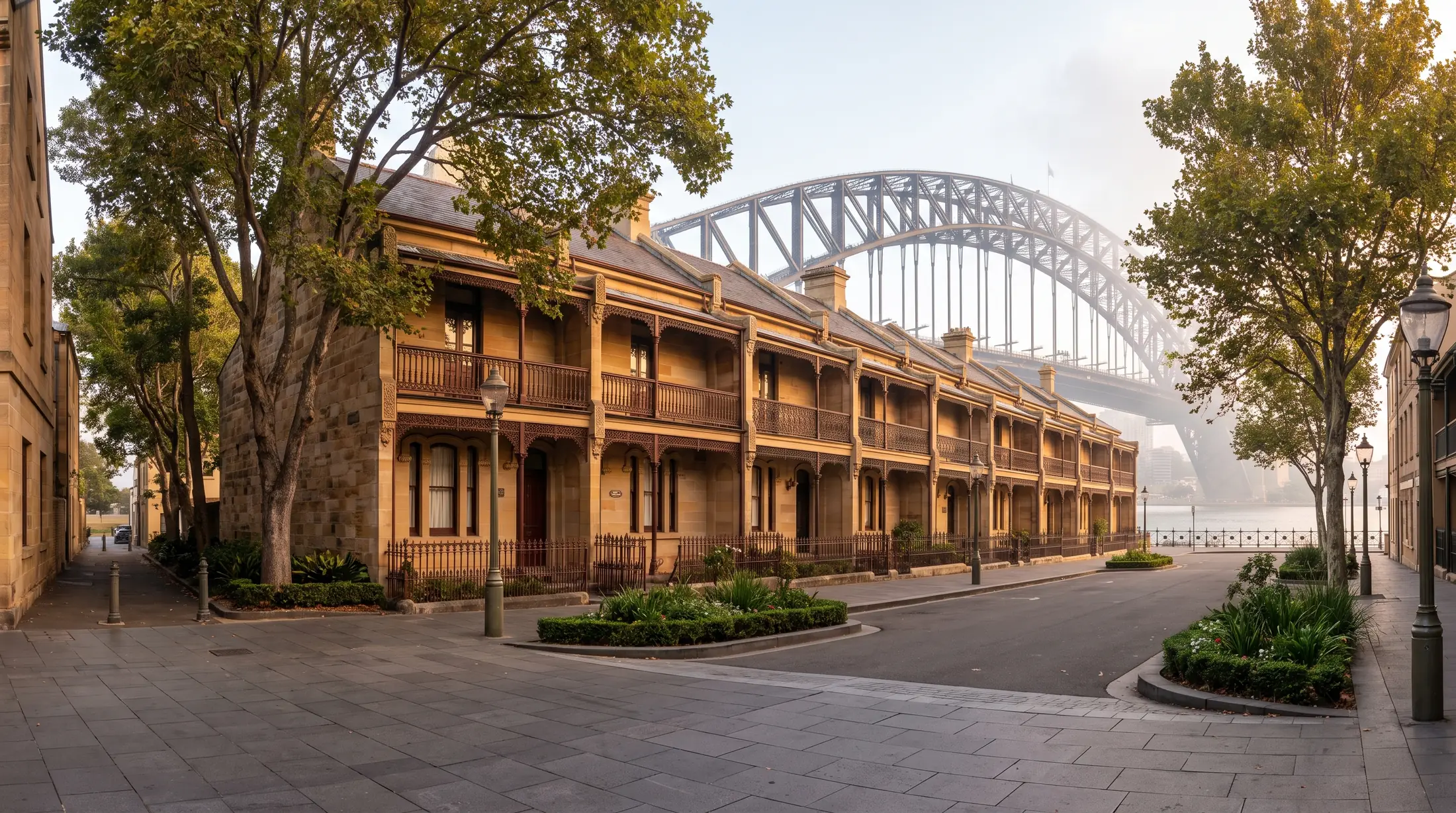 Heritage terraces beneath the harbour bridge at Dawes Point, illustrative residential scene
