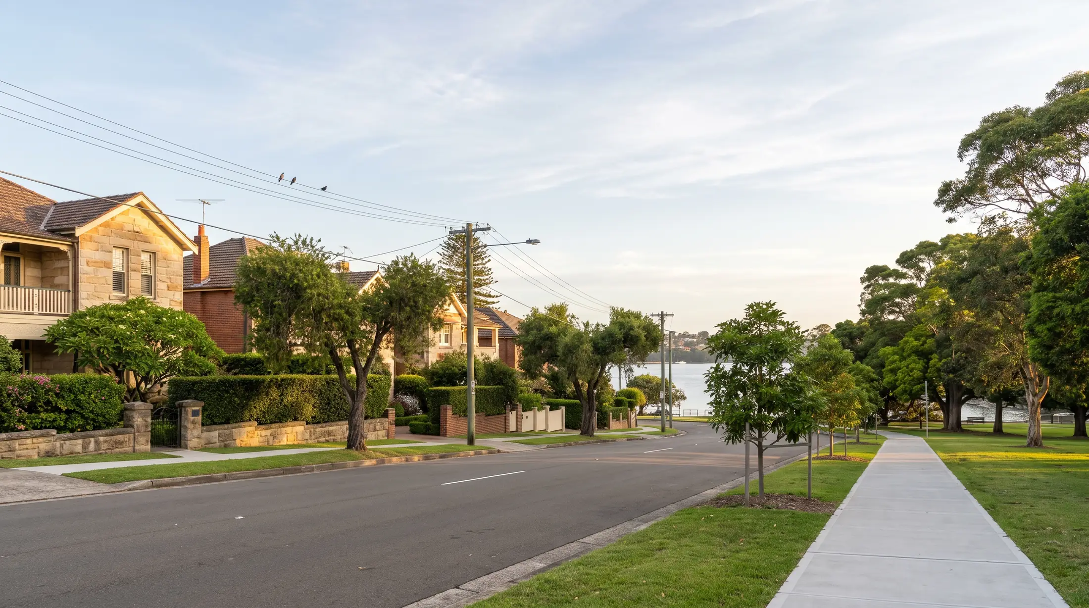 Homes and gardens near Dobroyd Point’s Iron Cove shoreline, illustrative residential scene