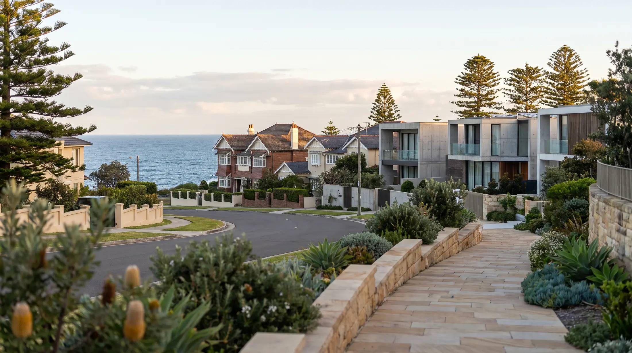 Established and contemporary homes in Dover Heights’ clifftop neighbourhood, illustrative residential scene