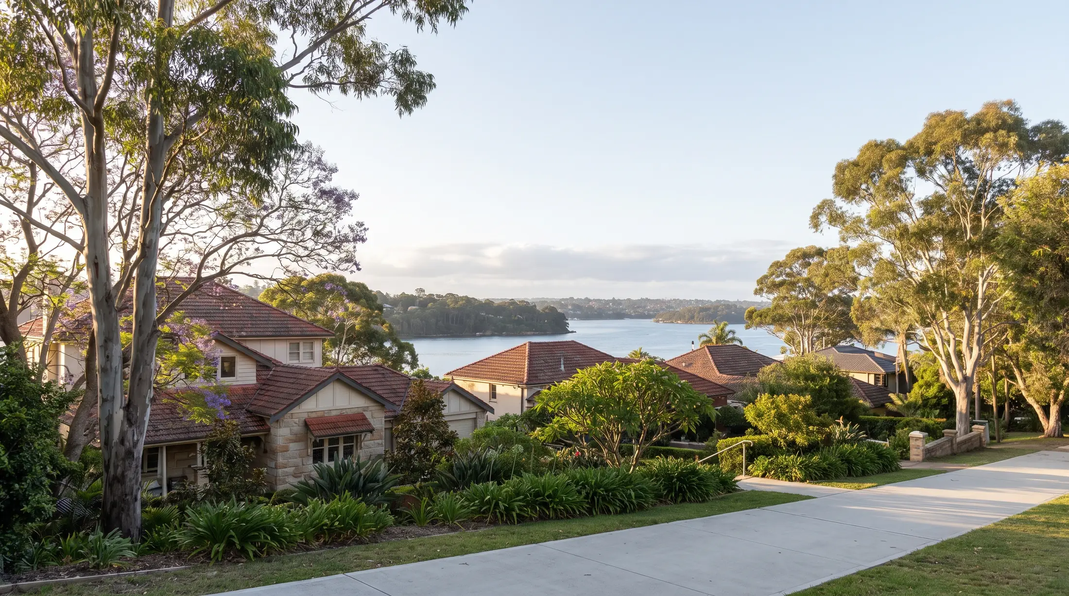 Drummoyne homes with leafy gardens and a river outlook, illustrative residential scene
