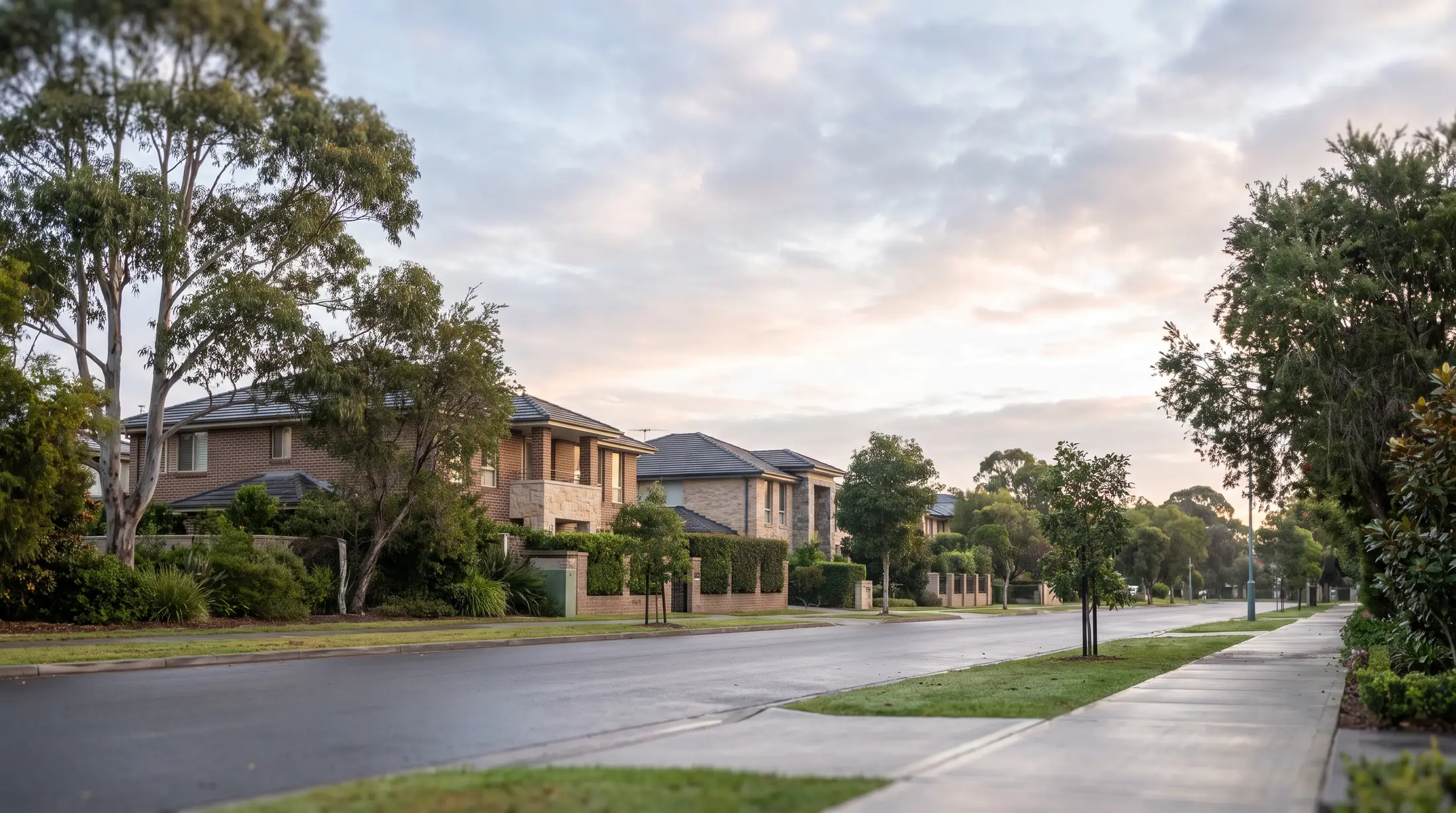 A residential street in the Eastgardens neighbourhood with homes and gardens, illustrative residential scene