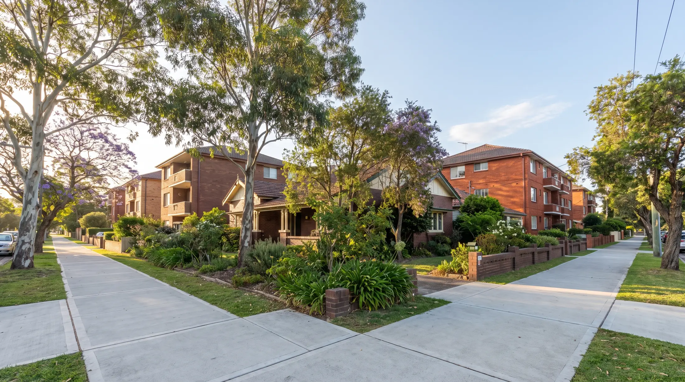 Brick apartments and single storey homes along an Eastlakes residential street, illustrative residential scene