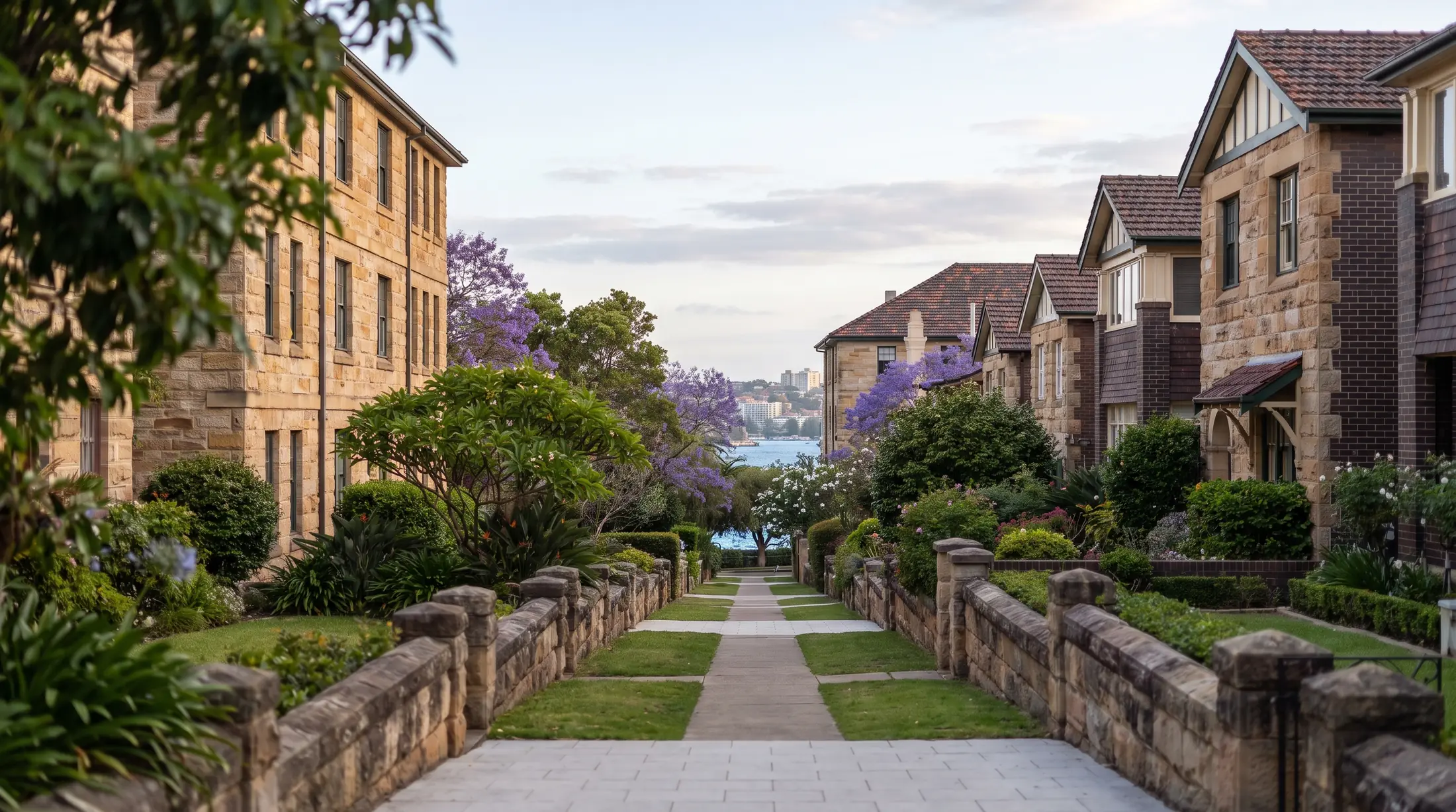 Apartment buildings and attached homes in a leafy Edgecliff street, illustrative residential scene