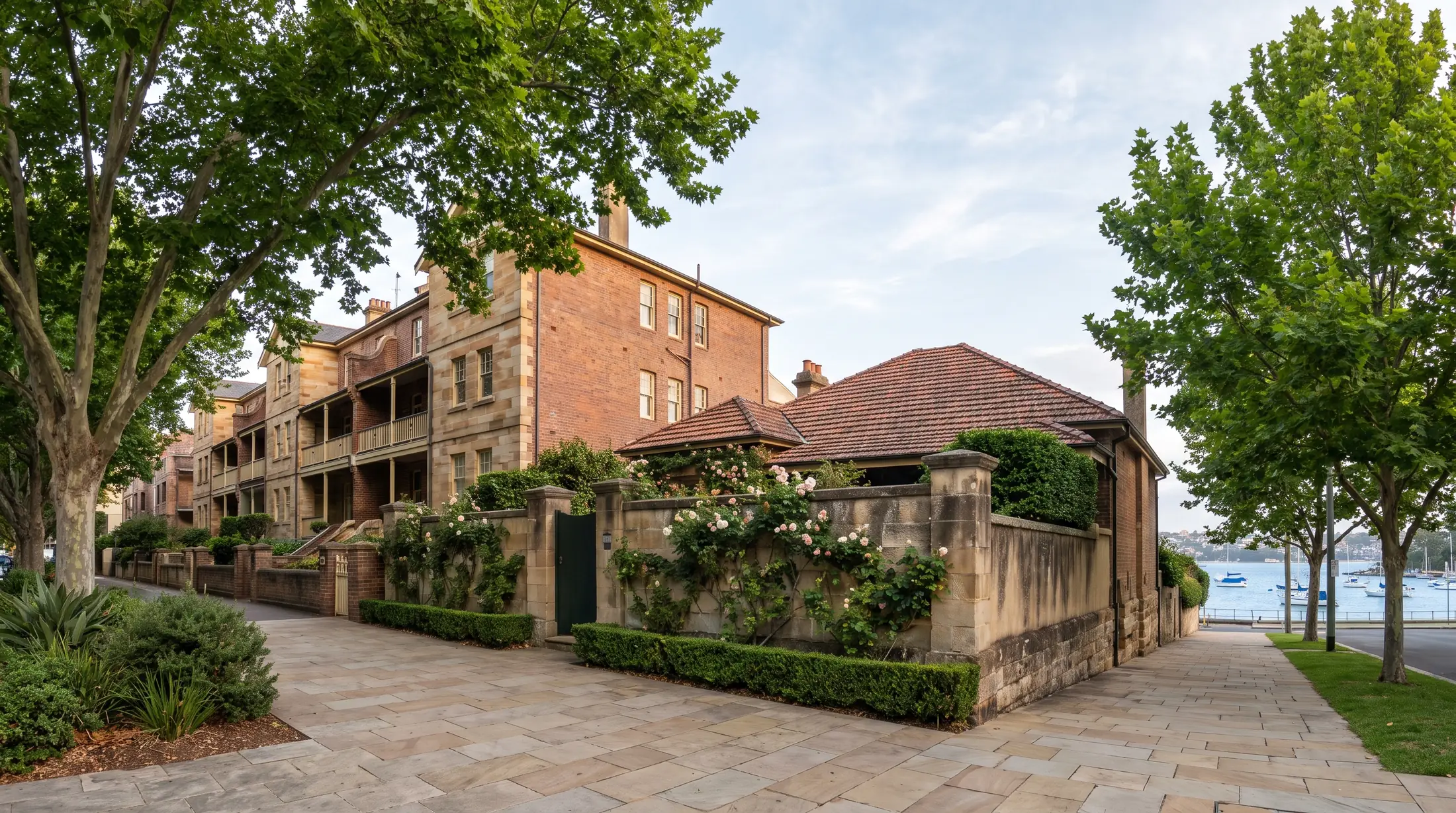 Apartments and an older garden residence near the Elizabeth Bay waterfront, illustrative residential scene