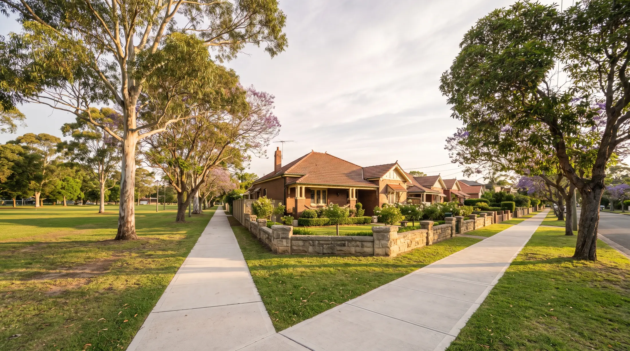Enfield homes and front gardens near leafy parkland, illustrative residential scene