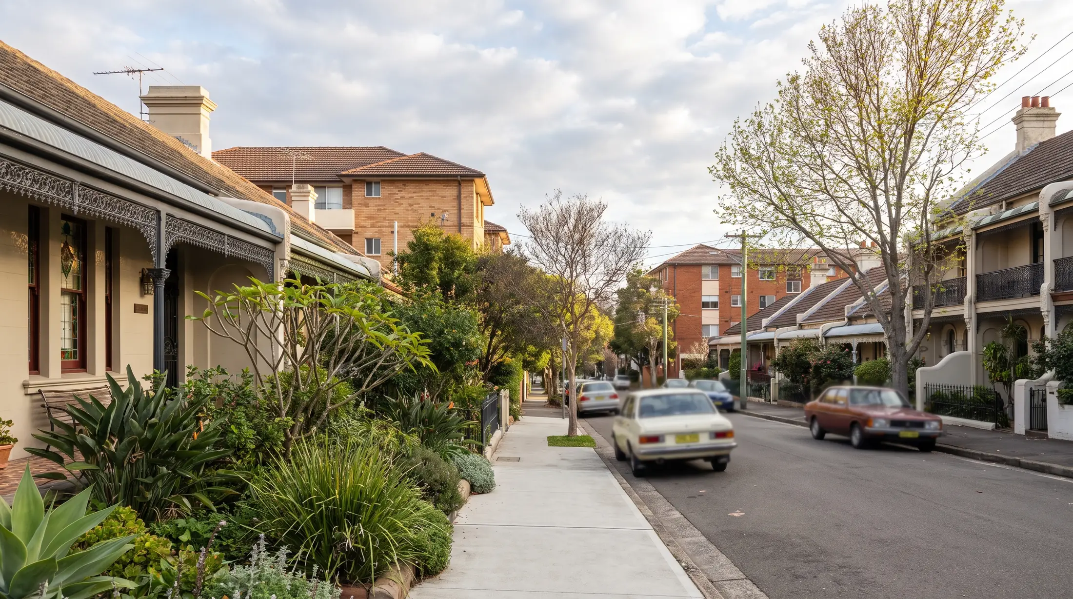 Victorian homes and small front gardens along an Enmore residential street, illustrative residential scene