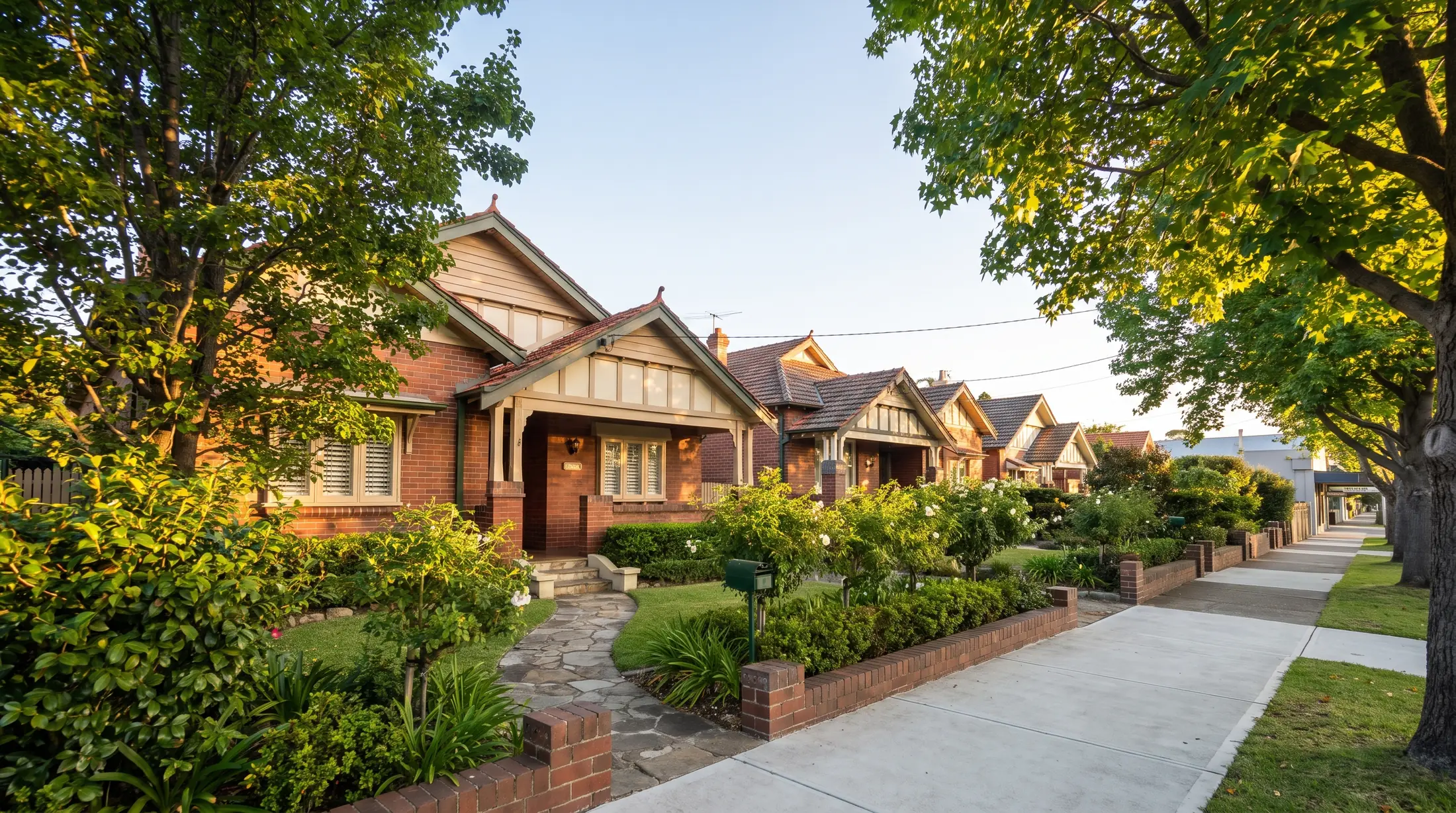 Federation and bungalow homes with generous gardens in Five Dock, illustrative residential scene