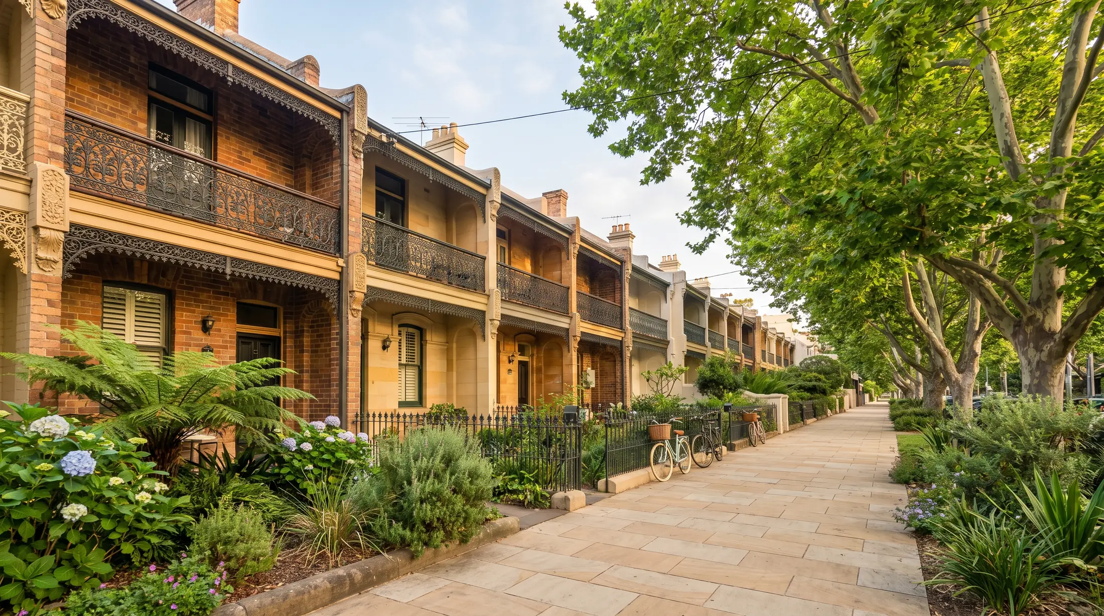 Victorian houses with verandahs and gardens on a Forest Lodge street, illustrative residential scene