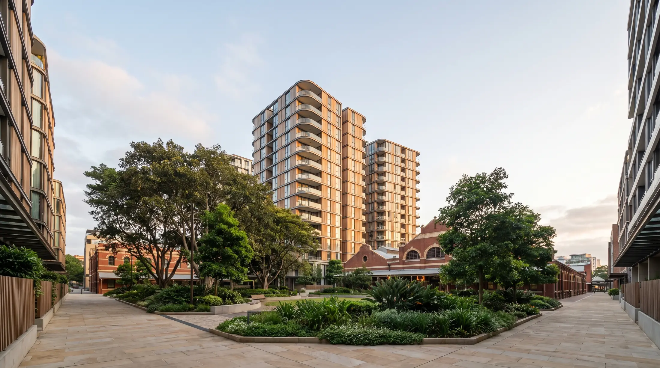 Apartment towers around a landscaped Haymarket pedestrian plaza, illustrative residential scene