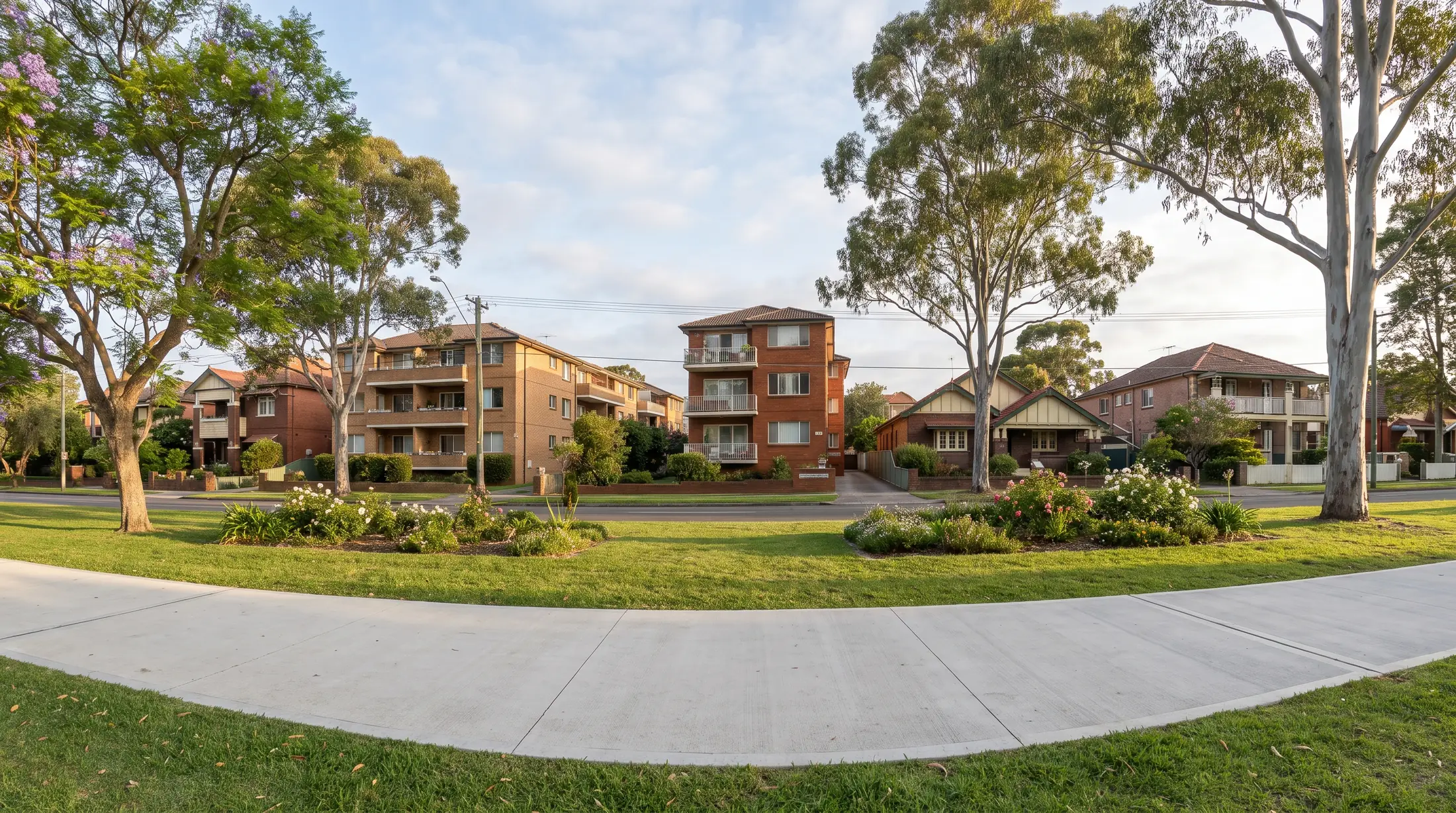 Brick apartments and older homes beside a leafy Homebush West street, illustrative residential scene